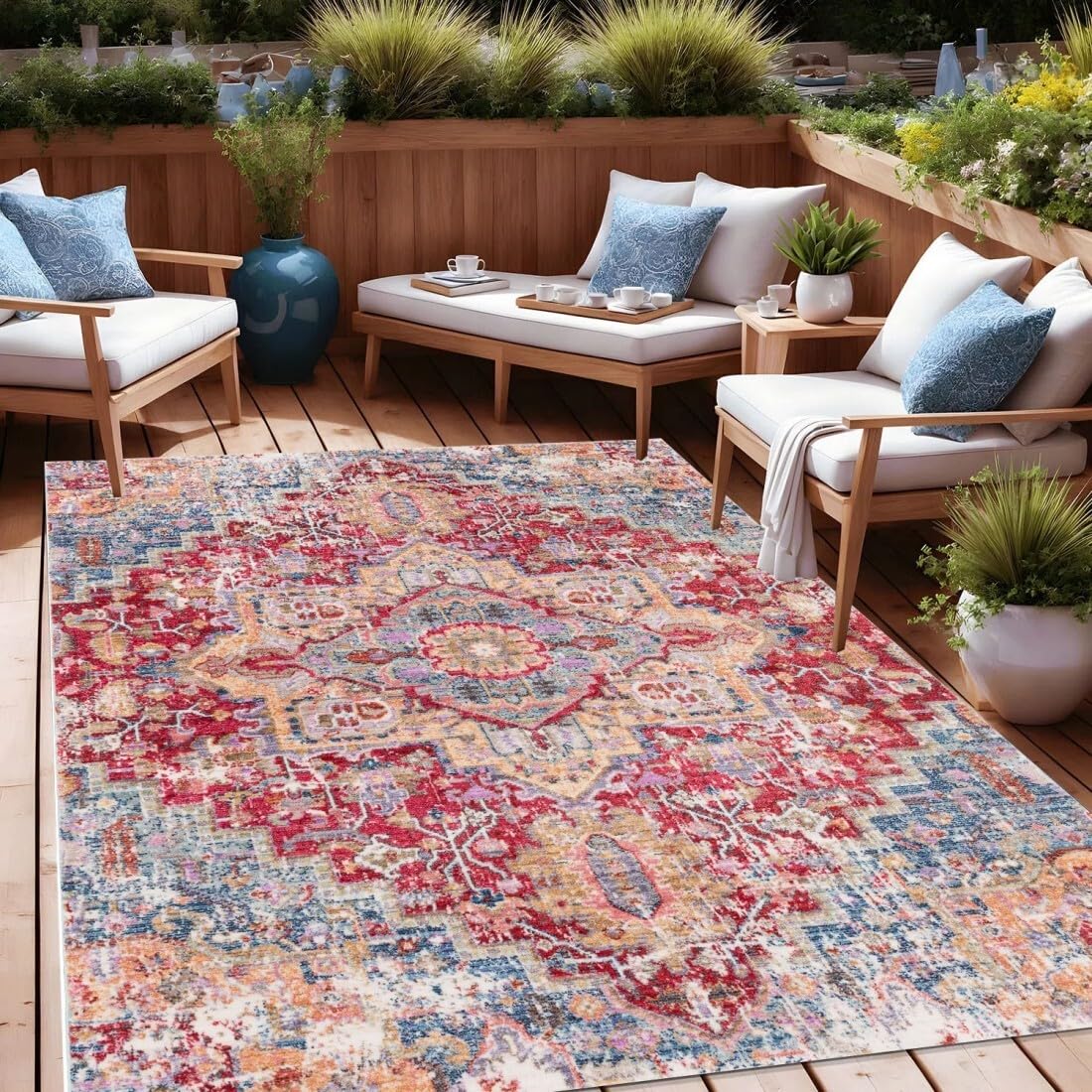 Blue Red Oriental Antique Waterproof Area Rug for Patio Balcony Deck Porch Camping Washable Non Slip 7x12 Outdoor Rugs Boho Medallion Backyard Garden