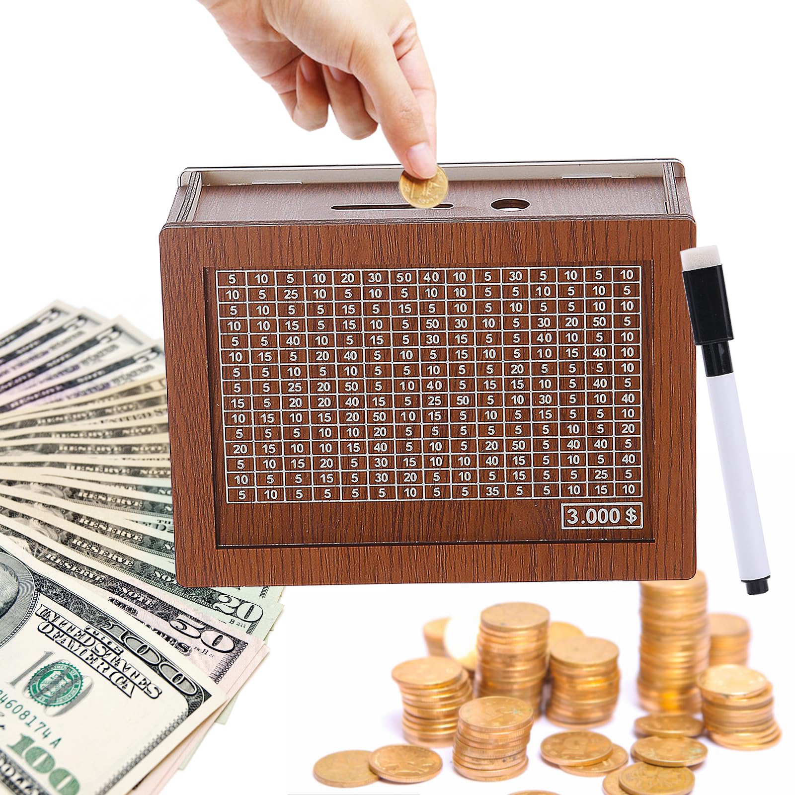 Cash Vault Wooden Savings Box 10000, Cash Vault Wooden Savings Box, Cash Saving Box with Erasable Markers, Money Saver Cash Saver Box (A, for 3000$)