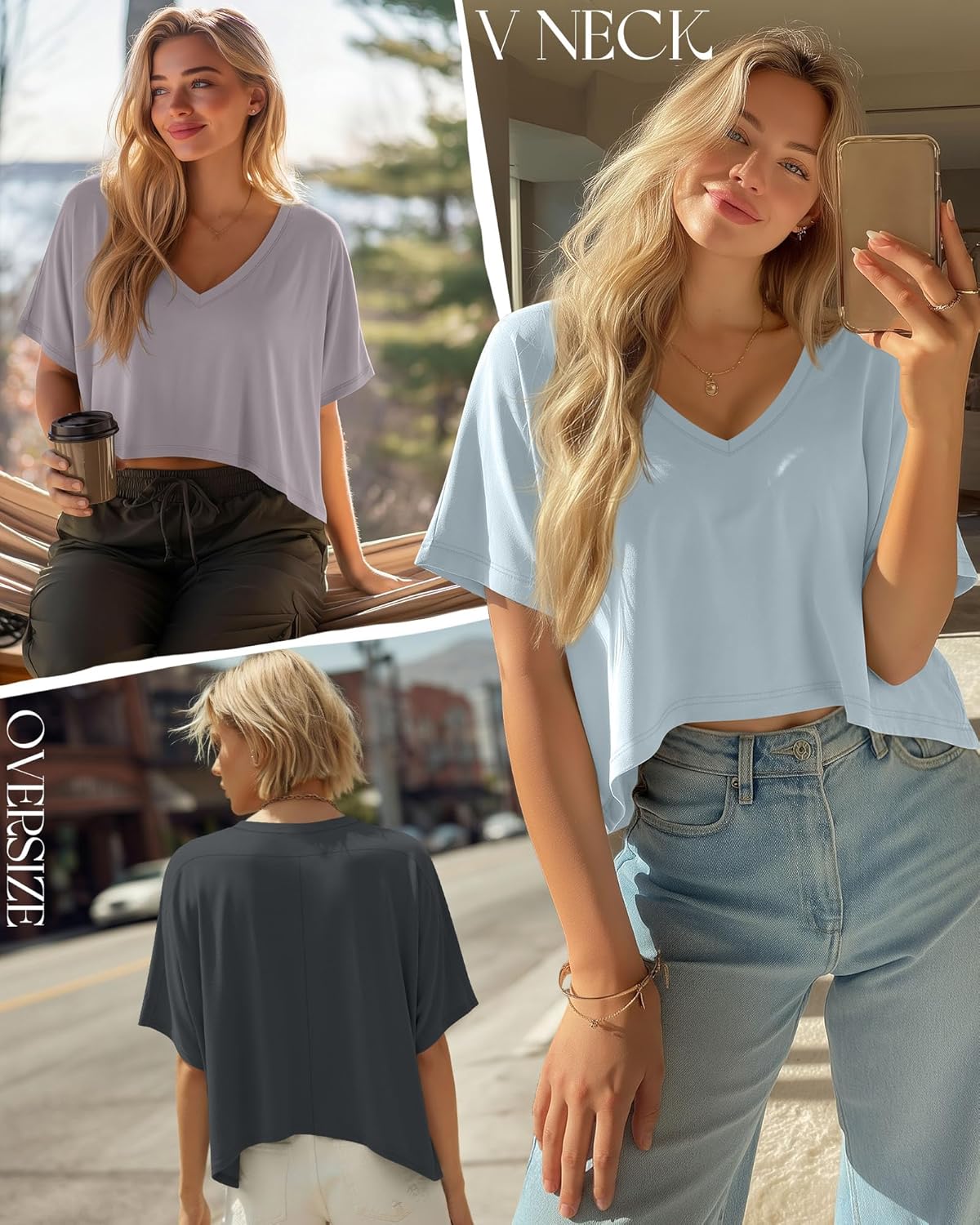 Huukeay 3 Pack Oversized T Shirts for Women Short Sleeve Crop Tops V Neck Irregular Hem Baggy Cropped Tees - Image 2