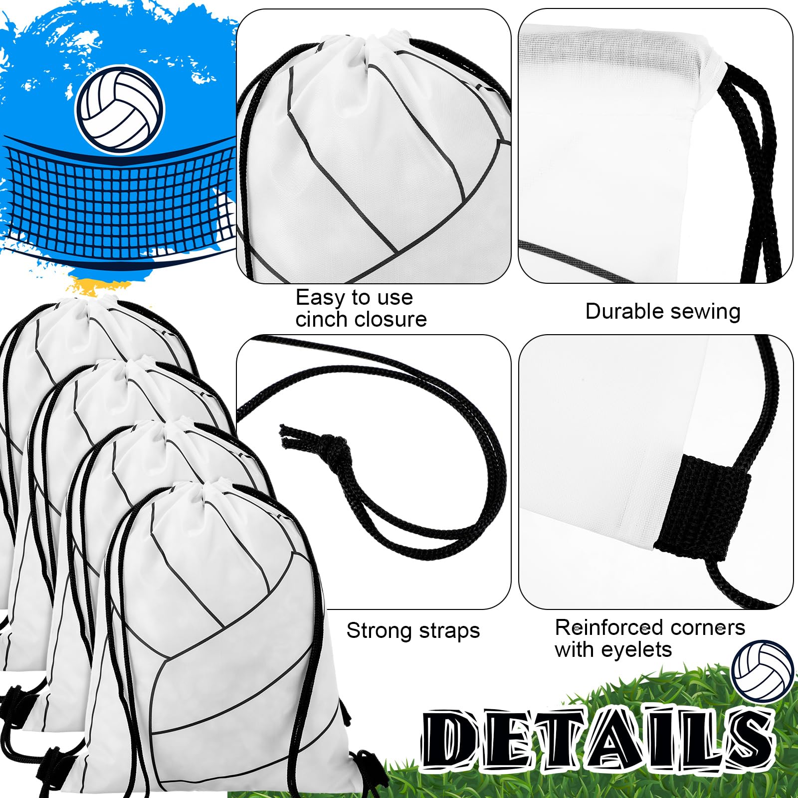 Dansydaisy 12 Pcs 12 In Volleyball Drawstring Backpack Bag Goodie Snack Gift Bags Sports Party Favors String Backpack Bulk(White)