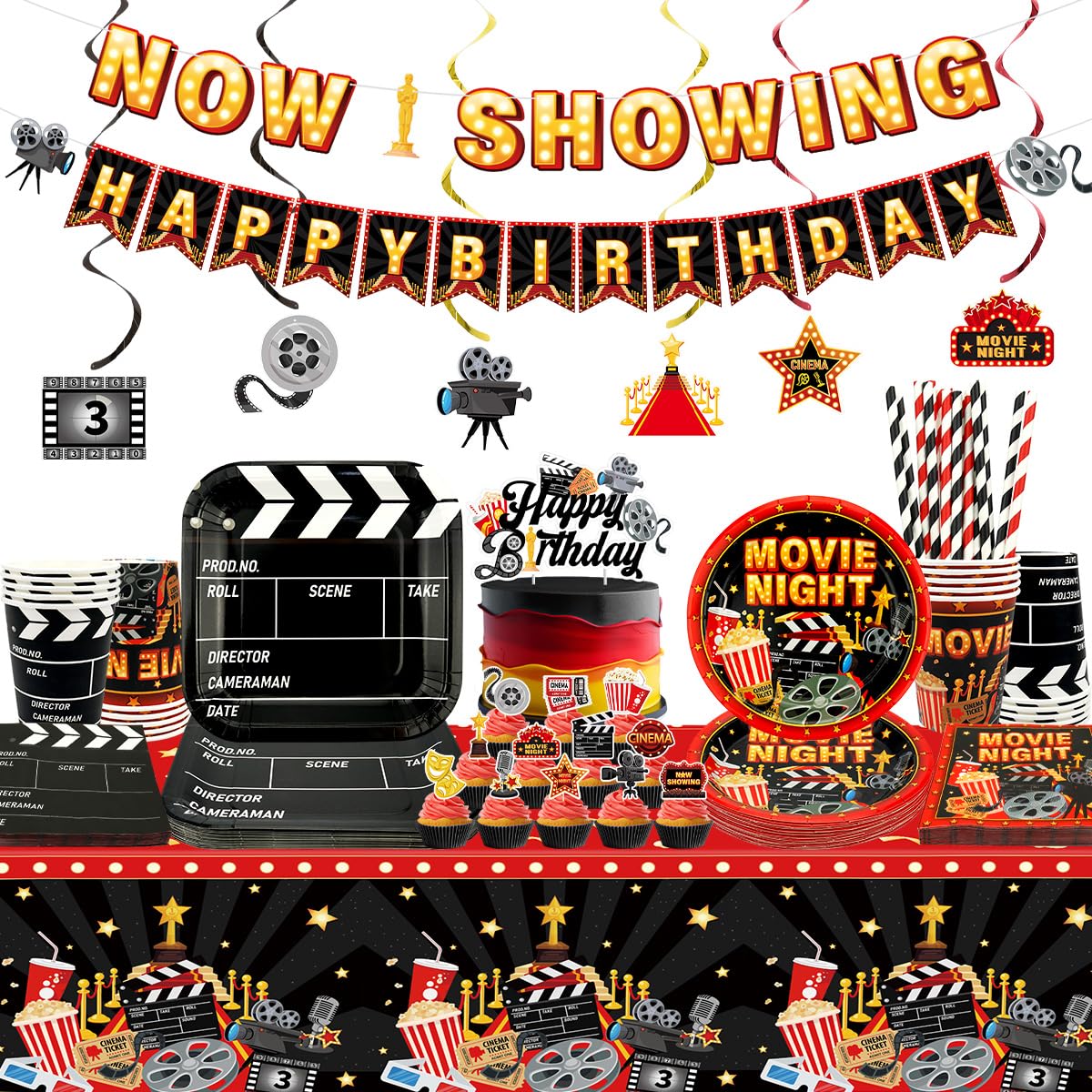 Movie Night Party Supplies Decorations, 20 Guests, Movie Night Decorations Includes Plates, Napkins, Cups, Tablecloth, Banner, Hanging Swirls, Cake Topper for Theater Party Red Carpet Decor