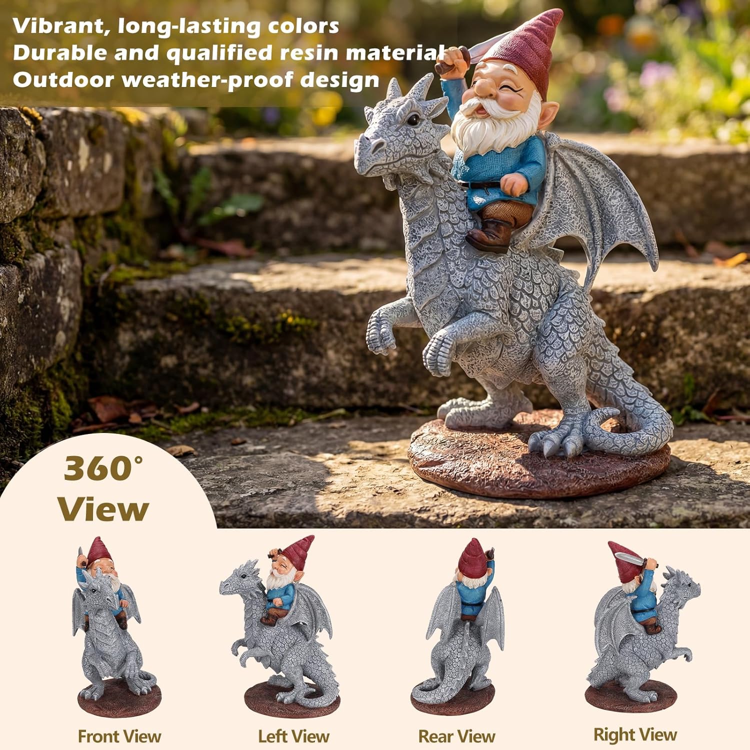 EXYGLO Gnome Garden Decor Statue, 9.7" Gnome Riding Dragon Outdoor Funny Decoration for Lawn, Patio, Yard, and Unique Housewarming, Birthday Ornament Gift for Boys, Friend, Family