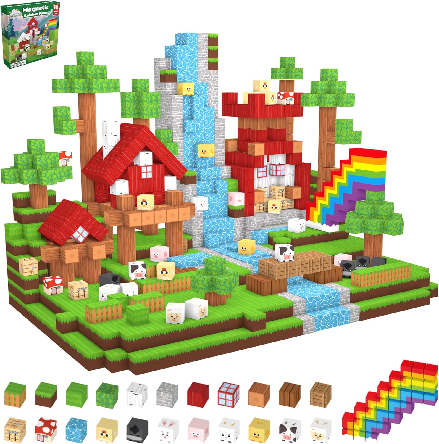 Magnetic Blocks 200PCS Rainbow Farm Pals with 3 Light-Up Cubes | Create farm, animal, rainbow for creative building, storytelling and imaginative play, Ages 3+.