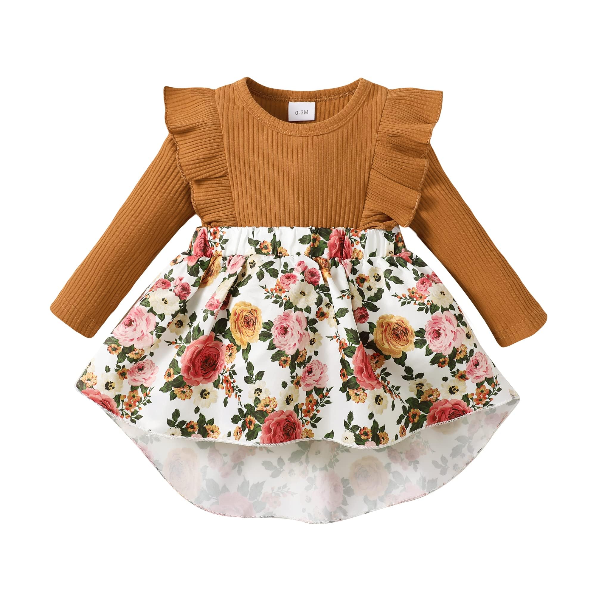 3-6M Baby Girl Dress  Brown Cotton Long Sleeve Floral Romper Skirt Winter