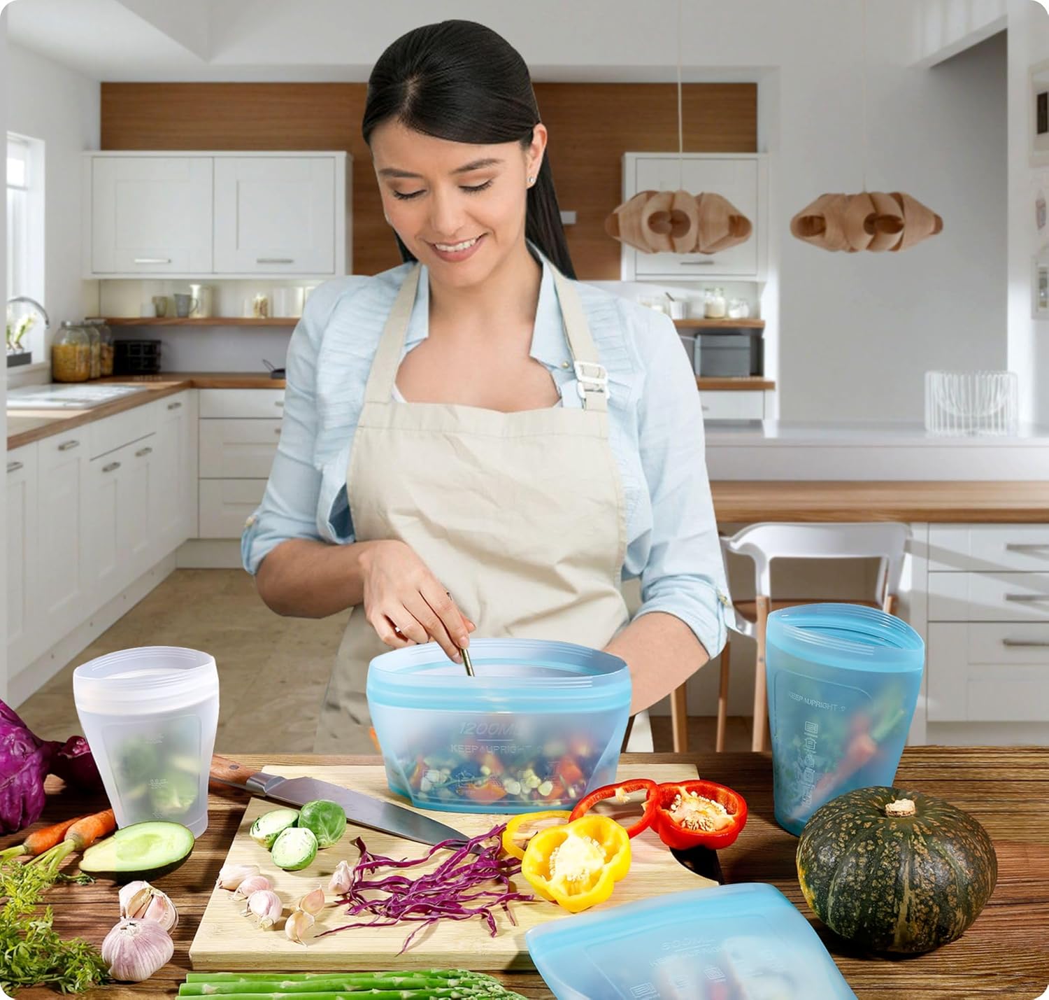 Reusable Silicone Food Storage Bag, Stand Up Food Storage Container, Reusable Zipper seal bag, no lid required, for Food Storage& Meal Prep, Freezer Oven Dishwasher - Safe, Set of 6 Bowls - Image 7