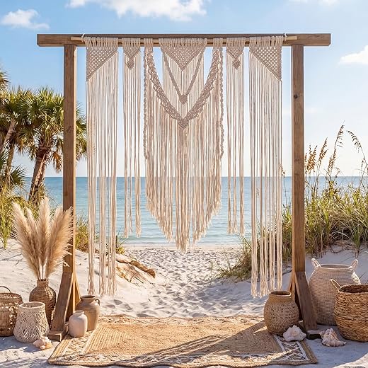 Frienda Boho Macrame Curtain Bohemian Wedding Decor Large Boho Handmade Wedding Macrame Curtain Wall Hanging Style Tapestry for Arbor Arch Bohemian Wall Hanging Decor 59 x 78 Inch