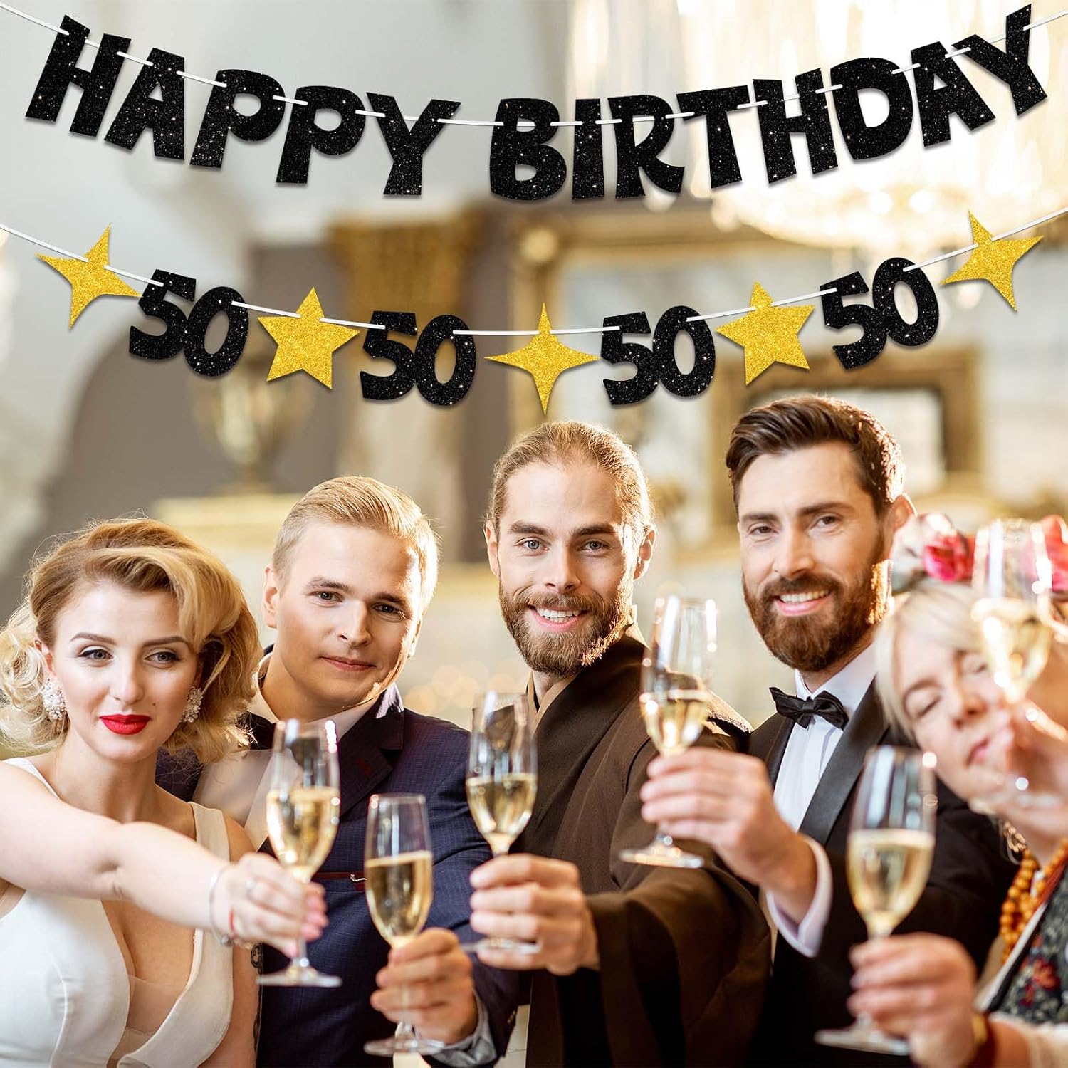 Happy 50th Birthday Banner-Black Gold Happy 50th Birthday Decorations for Men Women,Glitter 50th Birthday Decorations for Him Her,50 th Bday Decor Sign 50 Party Supplies
