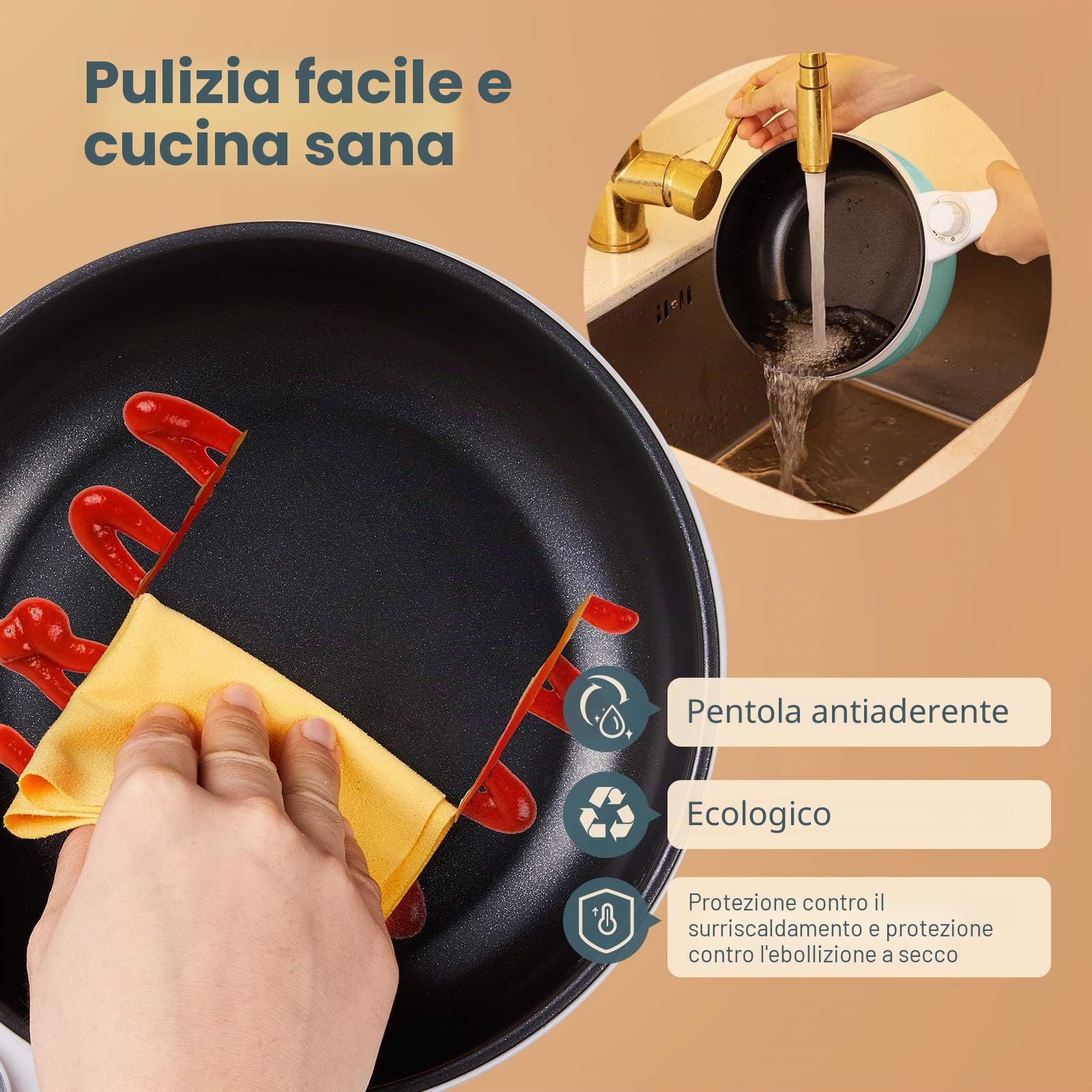 Vocha Padella Elettrica con Coperchio e Manico, Mini Pentola Elettrica Cuocipasta Da 1,5 Litri, Diametro 20 Centimetri, Rivestimento Antiaderente, Fornello Elettrico Portatile da Viaggio (Verde)