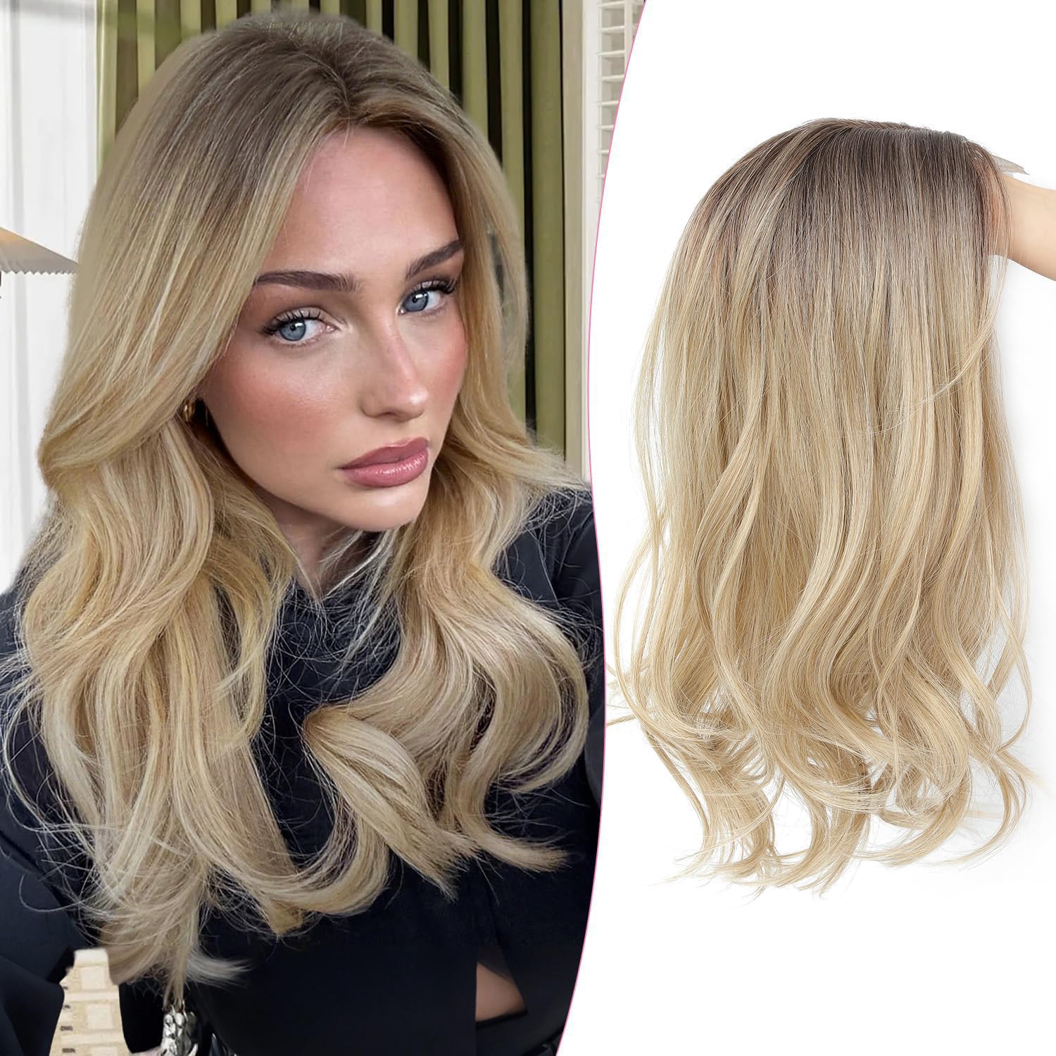 Ms Taj Lässige Wellen Haarteile 45 cm Blonde with dark roots Haarteil bei dünnem Haar Synthetik haar topper Haarausfall, extra Volumen,schnelle Frisurenveränderung