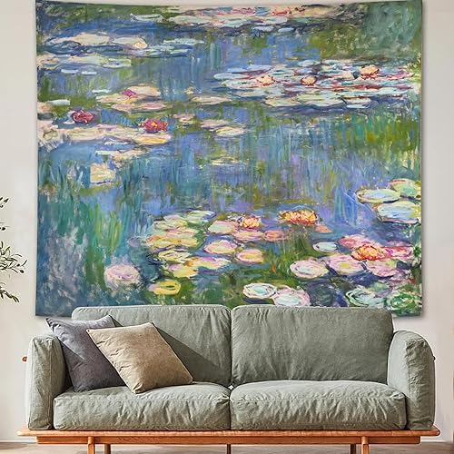 Miniatura 3 de Avinyl Monet - Tapiz verde de lirios de agua para decoración de pared para dormitorio, estético, abstracto, flor hippie, colgante de pared para sala