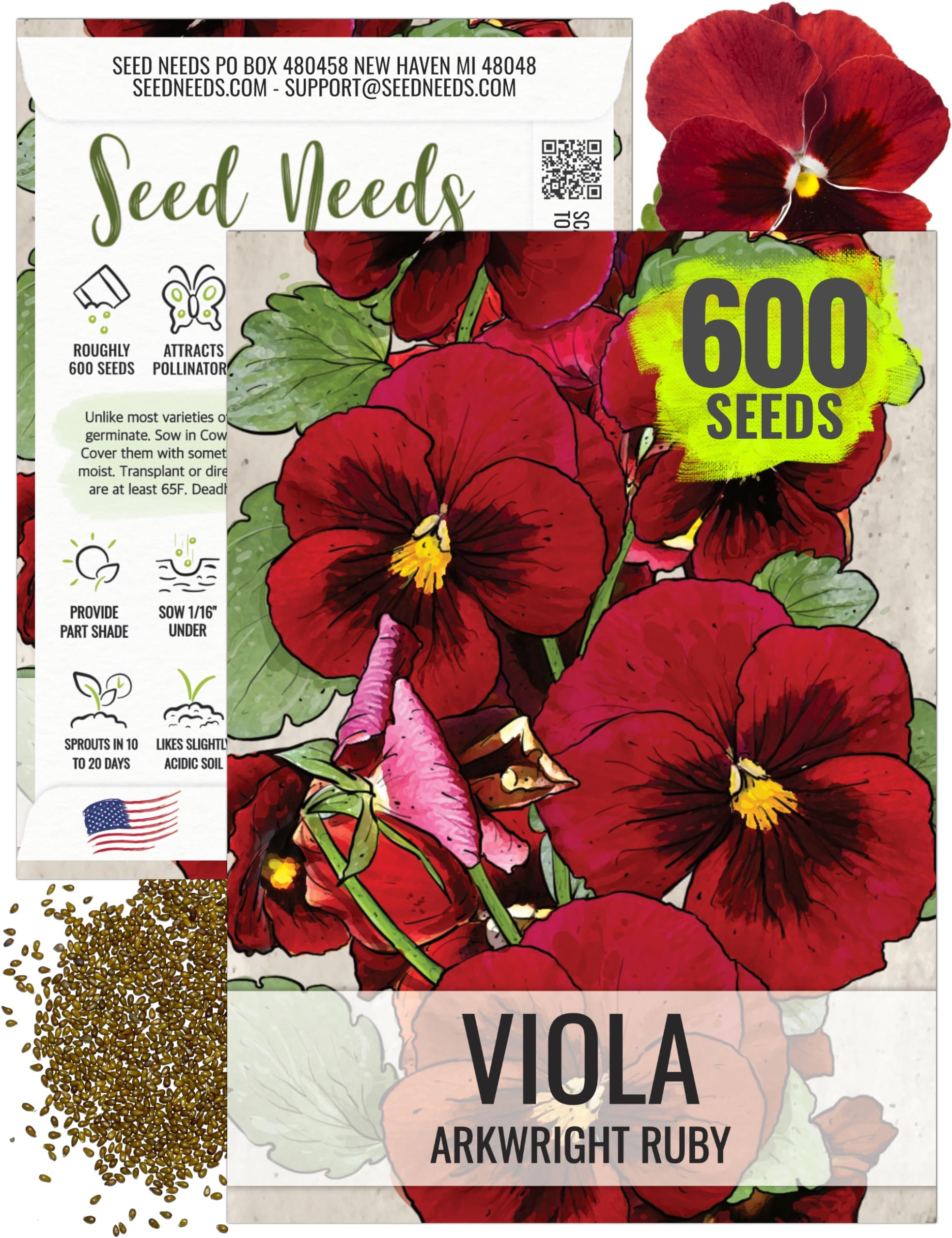 Seed Needs, Arkwright Ruby Viola Seeds - 600 Heirloom Seeds for Planting Viola cornuta - Annual Red Flowering Plants to Attract Butterflies & Other Pollinators (1 Pack)