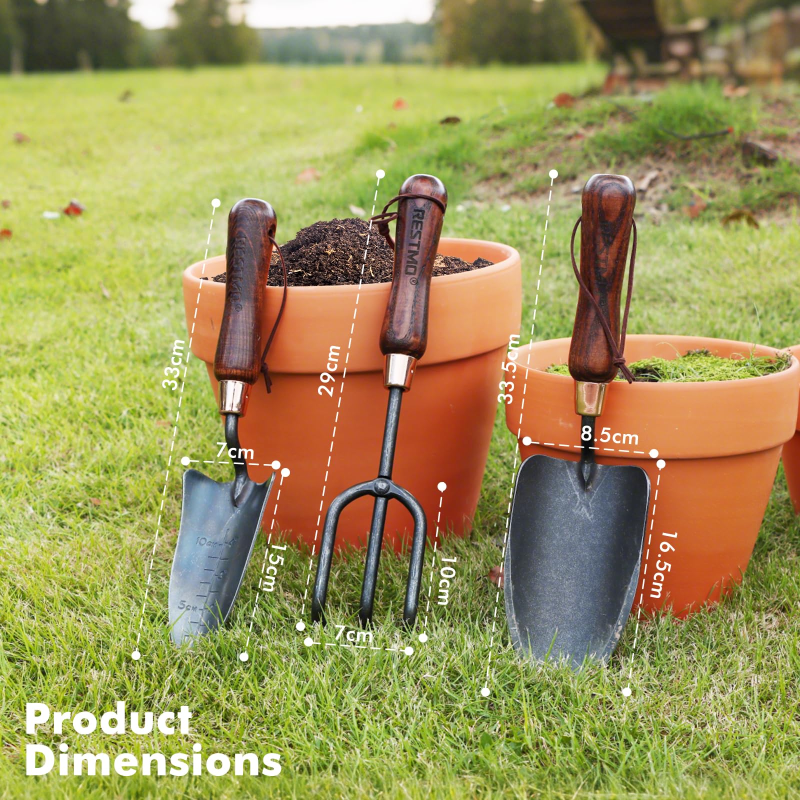 RESTMO Kit di attrezzi da giardinaggio resistenti, confezione da 3 pezzi, con manico in legno, include cazzuola, pala da trapianto, sarchiatore per aiuole, piante in vaso, orto, regalo ideale per il