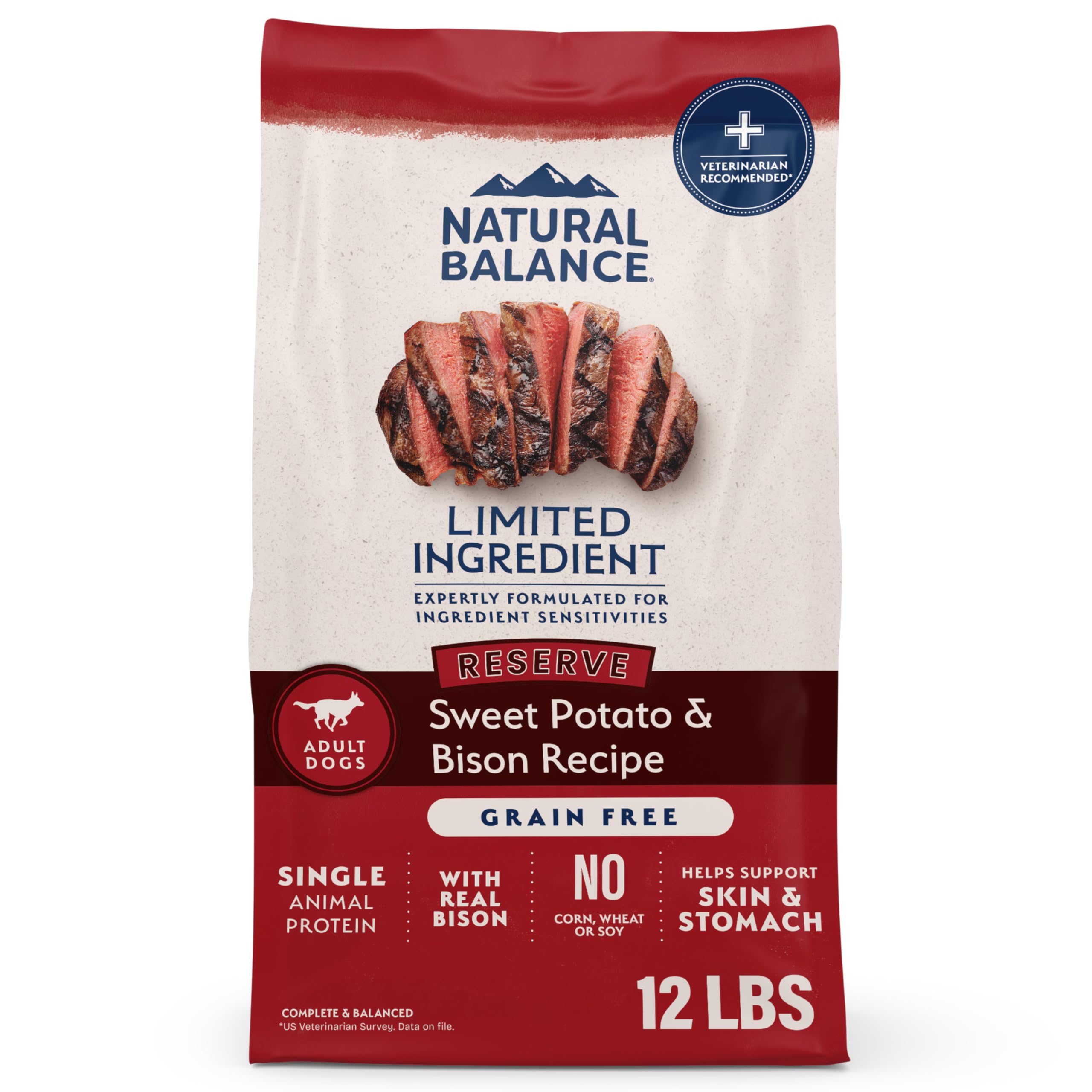 Natural Balance Limited Ingredient Reserve Grain Free Sweet Potato & Bison Dry Dog Food for Adults, Sensitive Stomach, 12 lb (Pack of 1)