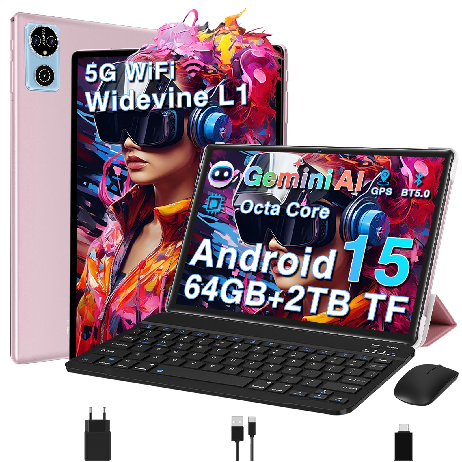 Infographic detailing DEERTiME E15 tablet features: 20GB RAM, 128GB ROM, 1TB TF/SD expansion, 5MP front camera, 8MP rear camera, 6000mAh battery, 10.1-inch HD 1280x800 display, Allwinner Octa Core processor, WiFi 6, Bluetooth 5.0, Android 14, and 470g weight.