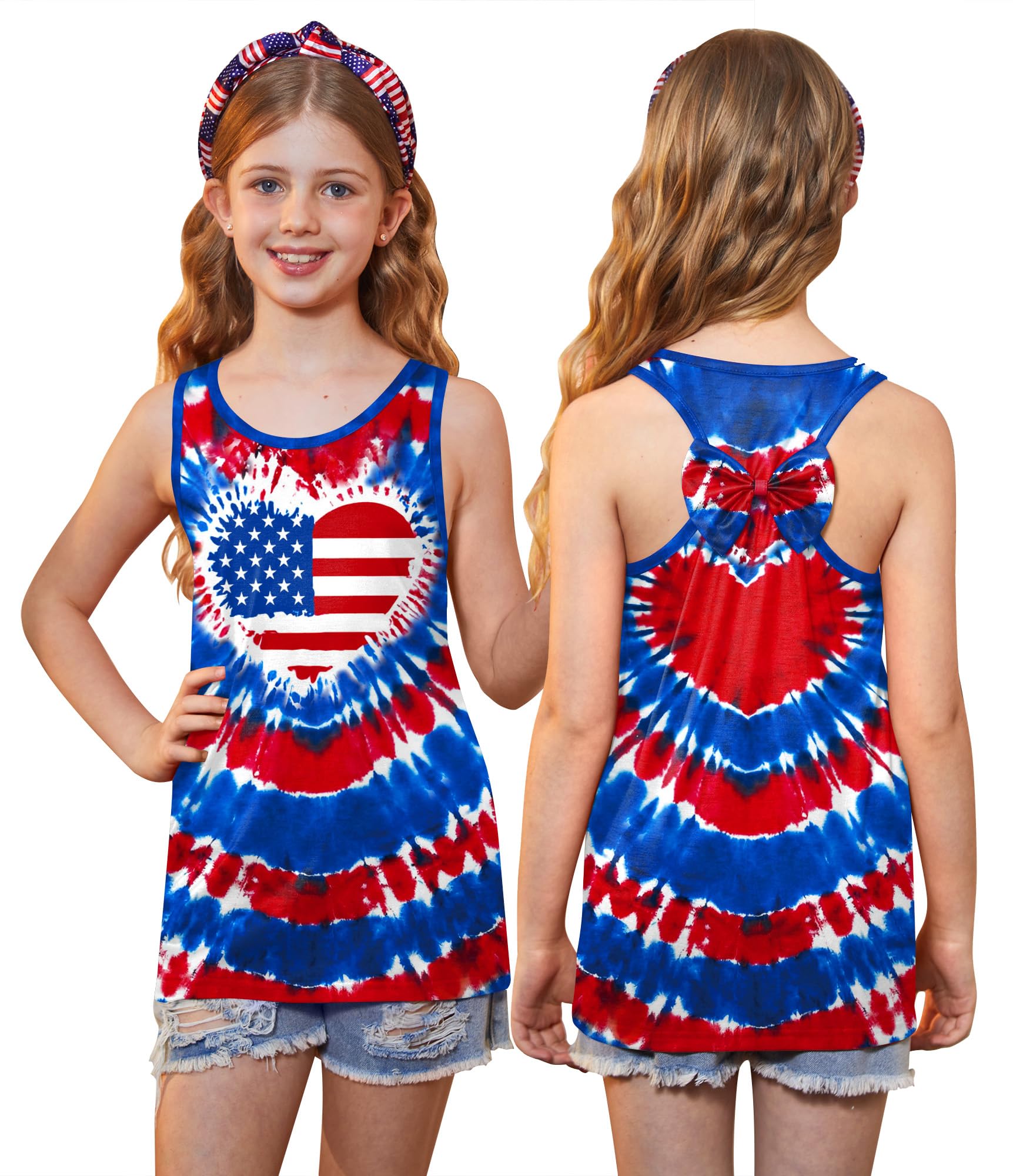 4th of July Girls Flag Tank Top Back Bow Sleeveless Patriotic Holidays T-Shirt 4-14 Years