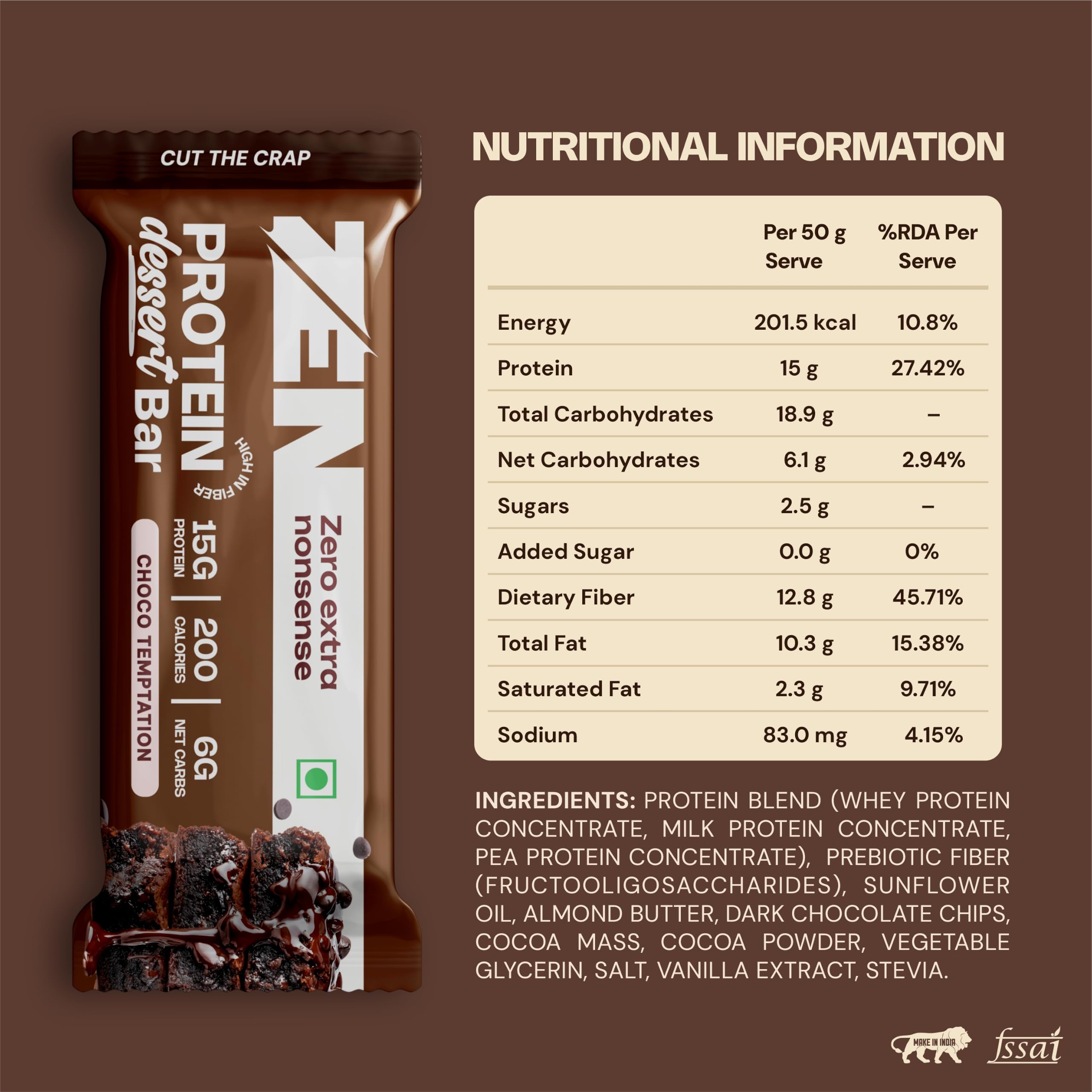 ZEN Protein Dessert Bar Choco Temptation Pack of 6 (50g Each) | 15g Protein, 13 gram Fiber, 200 Calories, 6g Net Carbs | No Added Sugar | No Palm Oil | Healthy Snack — Amazon image 2