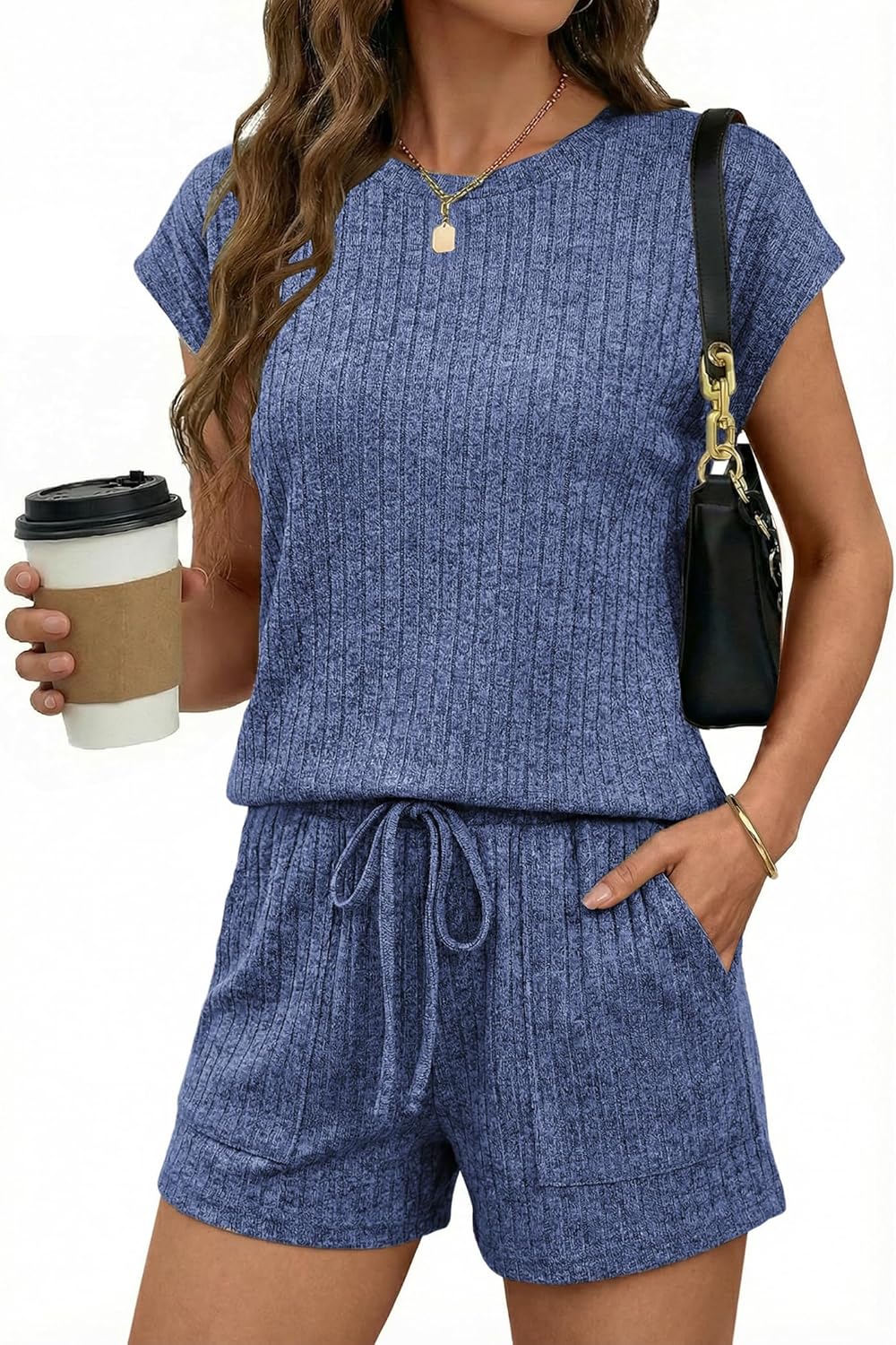 Ekouaer Rompers for Women Summer Casual Cap Sleeve Crewneck Short Pants Jumpsuit Beach Vacation Outfit with Pockets S-XXL