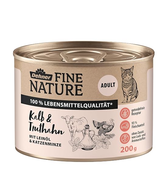 Foto 4 de 4 de Dehner Fine Nature - Comida húmeda para Gatos, sin Cereales, para Gatos Adultos, Ternera/Pavo, 6 latas de 200…