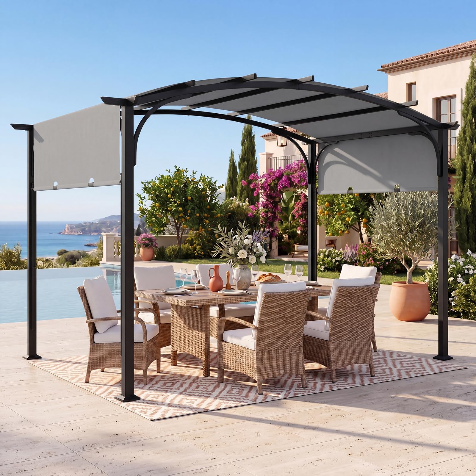 RELAX4LIFE Pergola Toit Rétractable, 3x2,5M Pergola Jardin Extérieur Coulissante, Cadre Métallique Renforcé, Polyester Imperméable, Abri Solaire, Tonnelle de Jardin pour Terrasse Piscine (Gris)