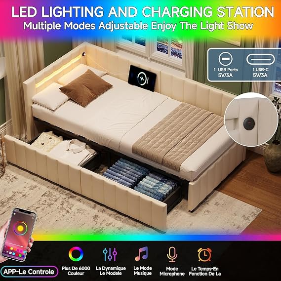 Single Bed Frame with 2 Drawers, 3ft Upholstered Day Bed with LED Headbord and Charging-Station, Velvet Sofa Bed for Living Room/Bedroom/Study Room, Cream,90x190 cm (No Mattress)