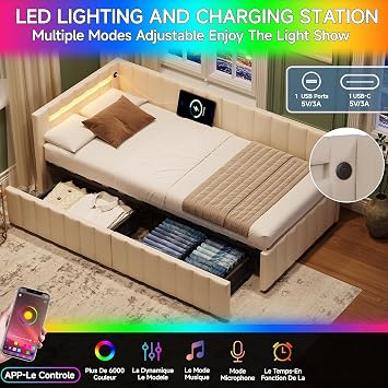 Single Bed Frame with 2 Drawers, 3ft Upholstered Day Bed with LED Headbord and Charging-Station, Velvet Sofa Bed for Living Room/Bedroom/Study Room, Cream,90x190 cm (No Mattress)