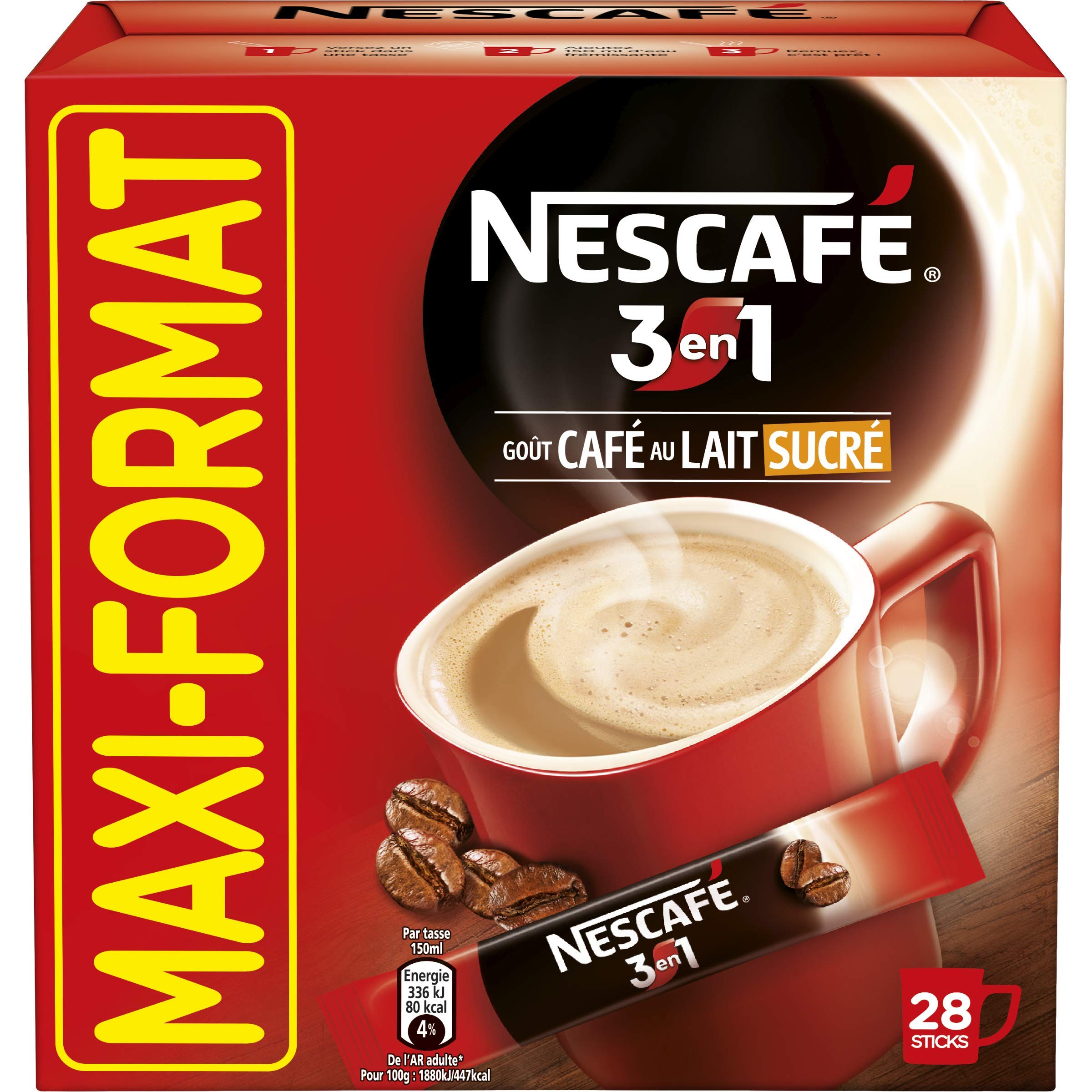 NESCAFÉ 3en1, Café au lait sucré, Café soluble, Boîte de 28 Sticks
