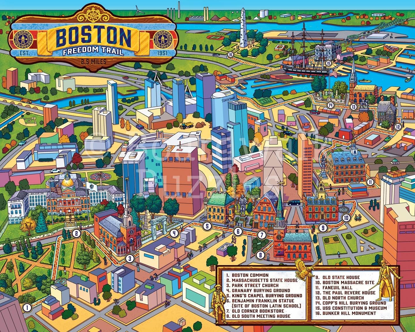 Boardwalk Puzzles Boston Freedom Trail, 1000 Piece Jigsaw Puzzle for Adults, Made in USA
