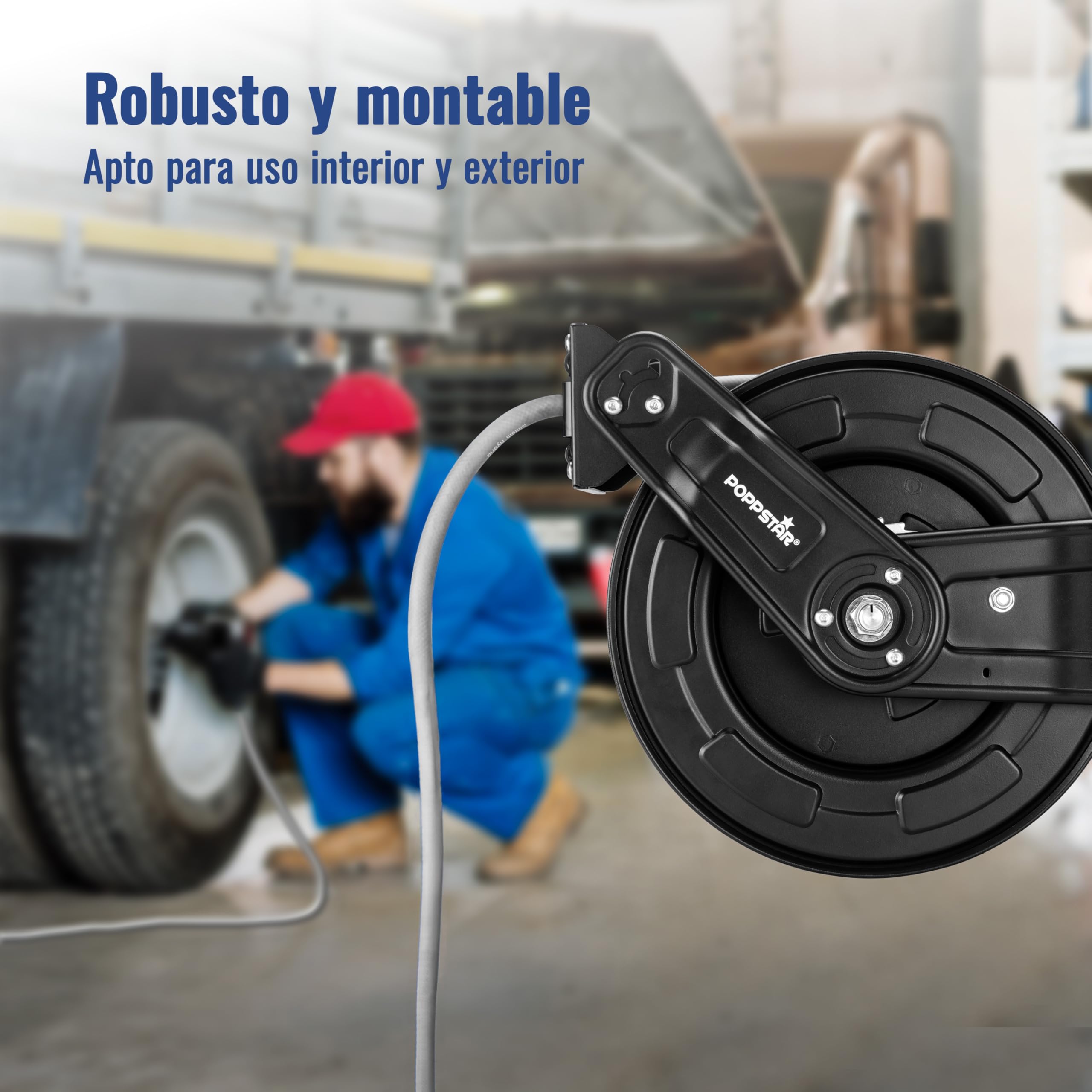 Poppstar Enrollador de manguera de aire comprimido de acero (20m+2m, diámetro (9,2x15mm)), conexiones 1/4 de pulgada BSPT