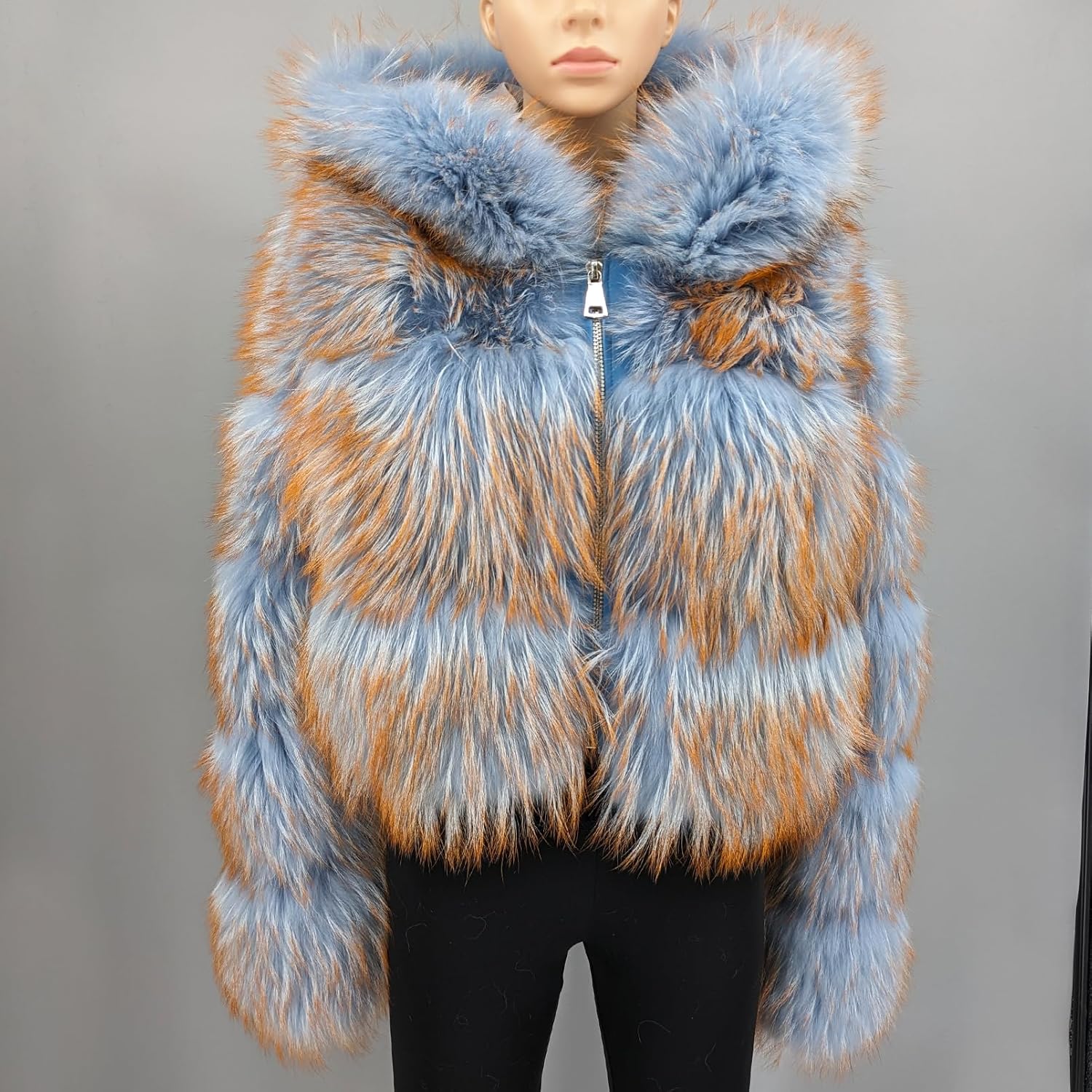 LVCOMEFF Women Natural Fox Fur Coat Jacket Short Overcoat Crop Jacket with Hood Luxurious