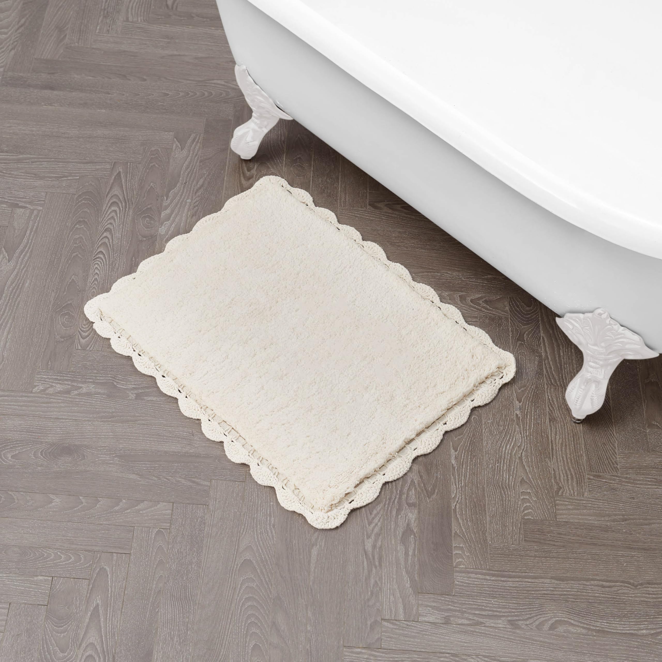 Laura Ashley Heathered Crochet Border 100% Cotton 17" x 24" Skid-Resistant Bath Rug, Ivory