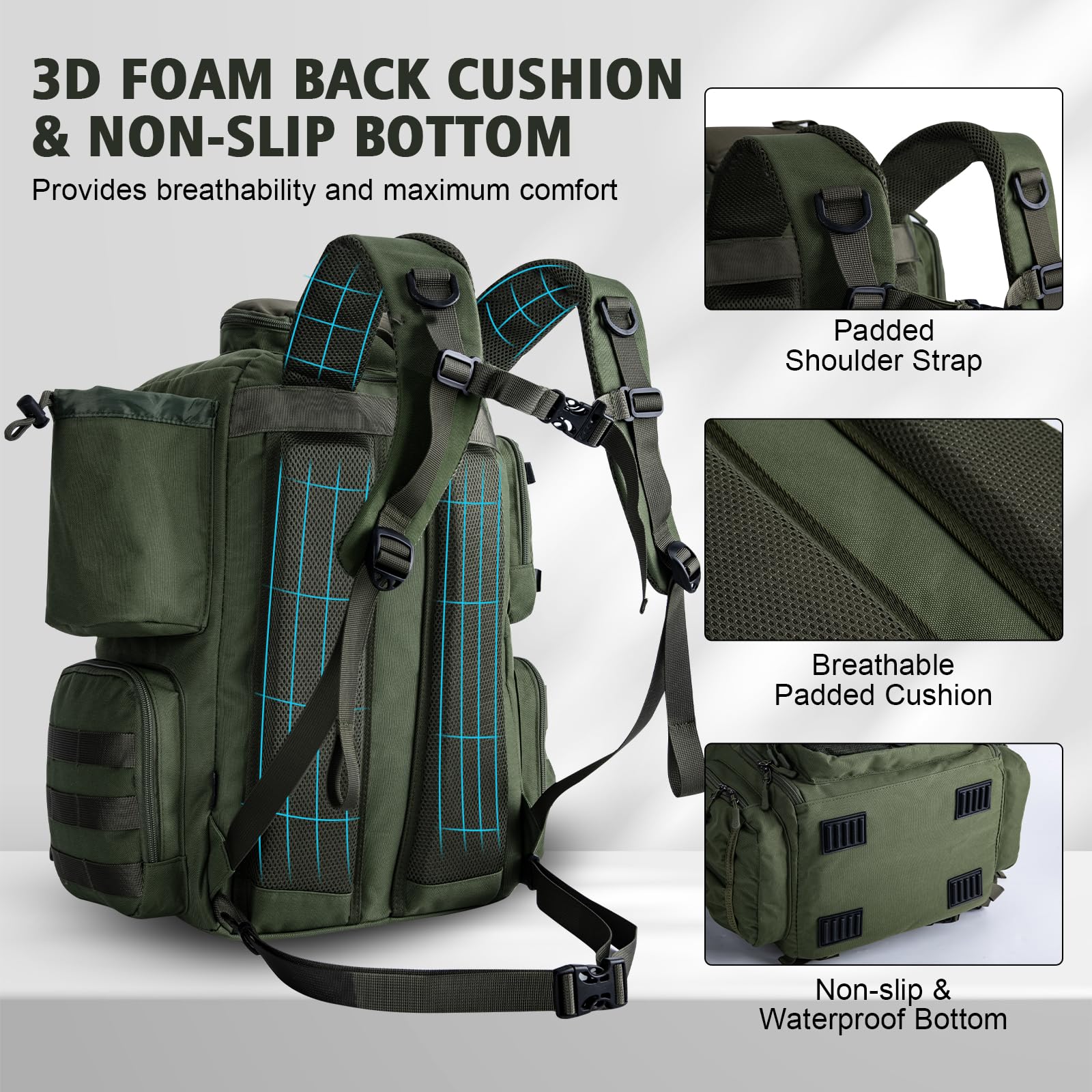 Goture Zaino da pesca con 4 scatole per esche da pesca, 45 litri, con due supporti per canna e parapioggia, in tessuto Oxford 900D, impermeabile, borsa per attrezzatura da pesca con scomparto