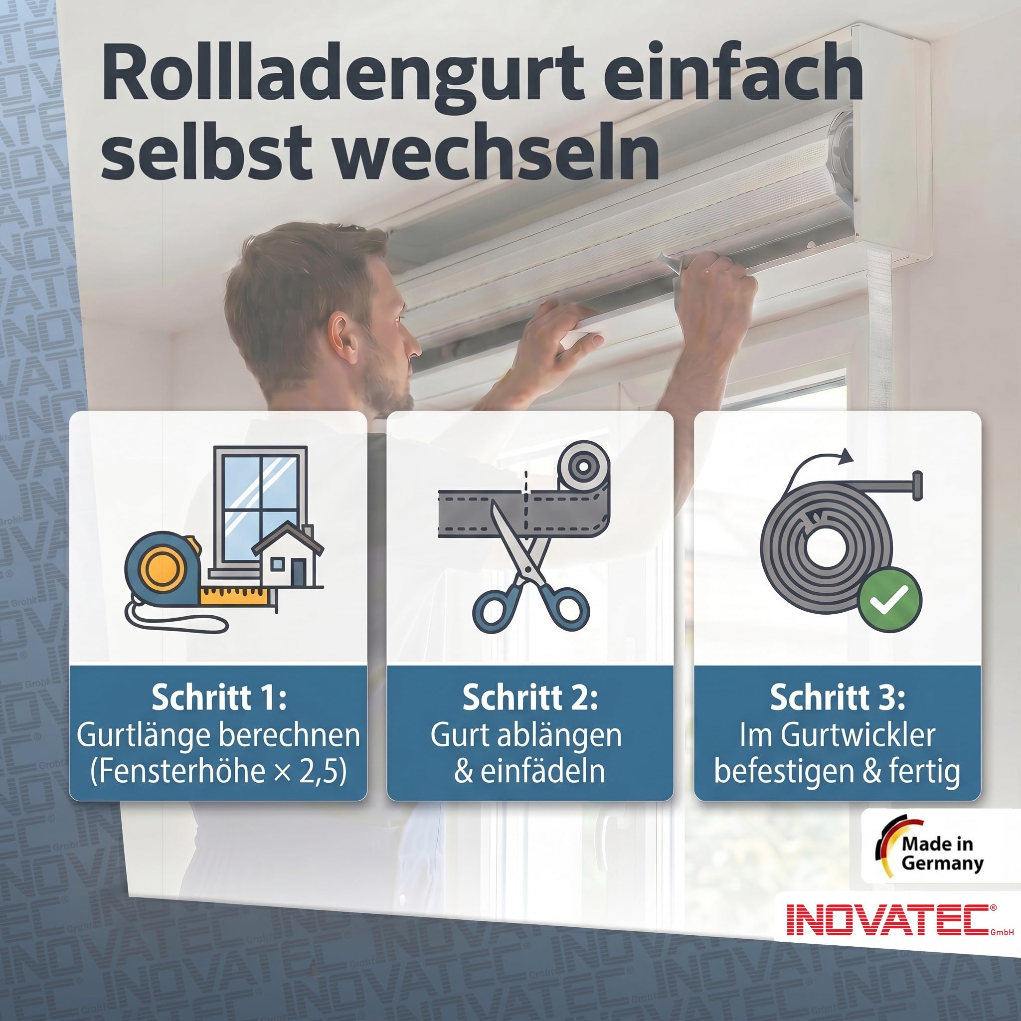 INOVATEC Rollladengurt Maxi 23mm – 50m Rolle – Reißfest & UV-beständig mit Perlon-Kantenschutz – für Fenster & Türen – passend für alle Maxi-Gurtwickler – Grau