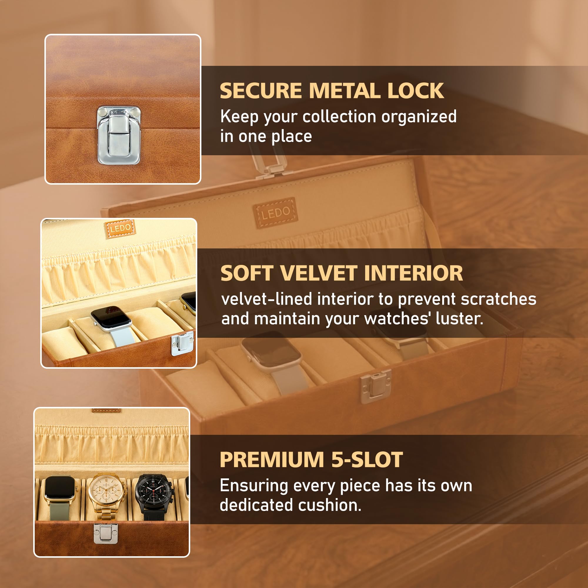 LEDO Watch Box organizer case for Men and Women in tan color with 5 slots of watches PU Leather 4