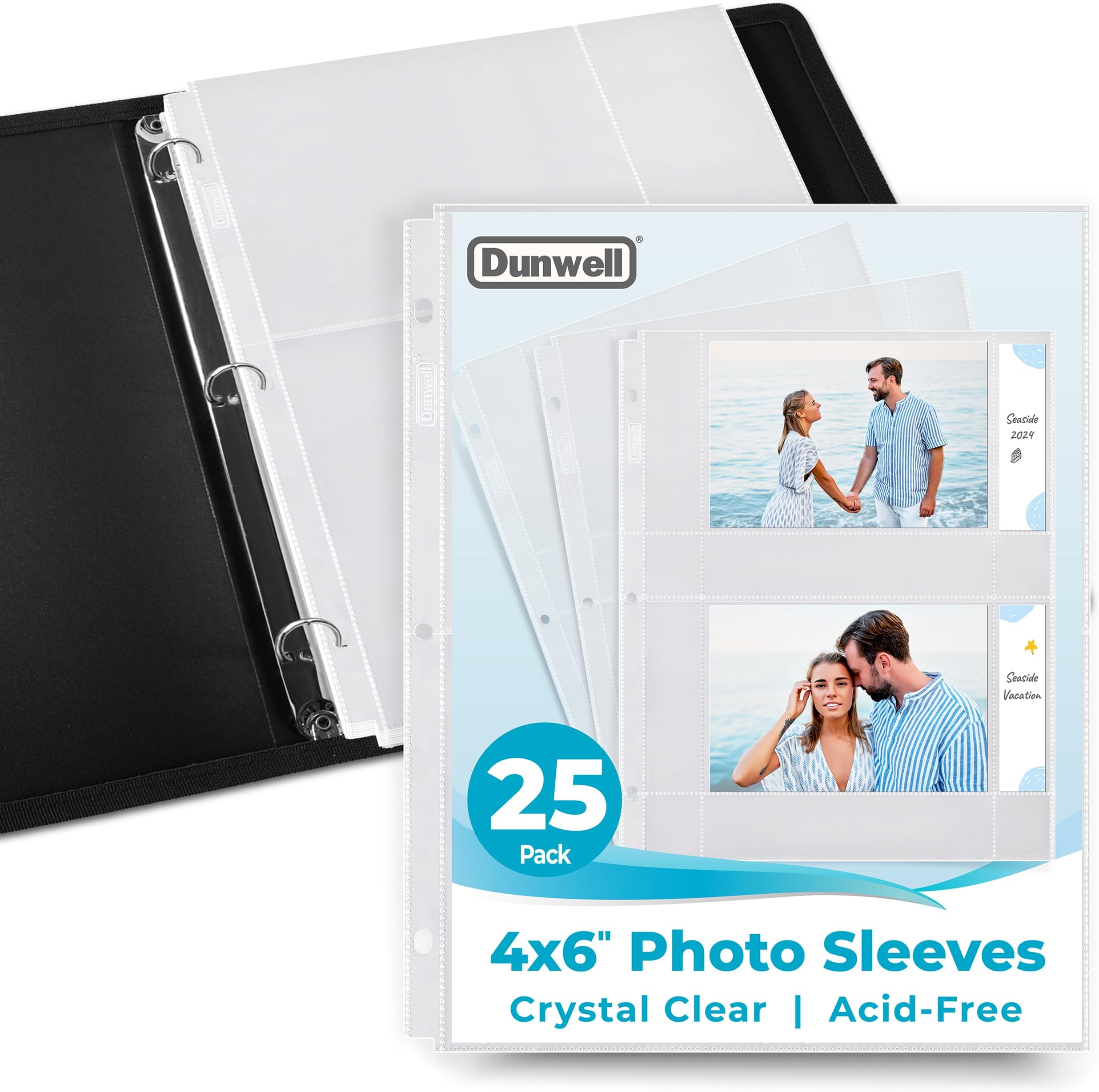 Dunwell 4x6 Photo Sleeves for 3-Ring Binder, (Horizontal, 25 Pack) for 100 Pictures, Each Sheet Holds Four 4 x 6 Pictures or Postcards, Acid-Free Poly Photo Album Refill Pages