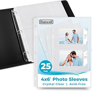 Dunwell 4x6 Photo Sleeves for 3-Ring Binder, Horizontal, 25 Pack for 100 Pictures, Each Sheet Holds Four 4 x 6 Pictures or Postcards, Acid-Free Poly Photo Album Refill Pages