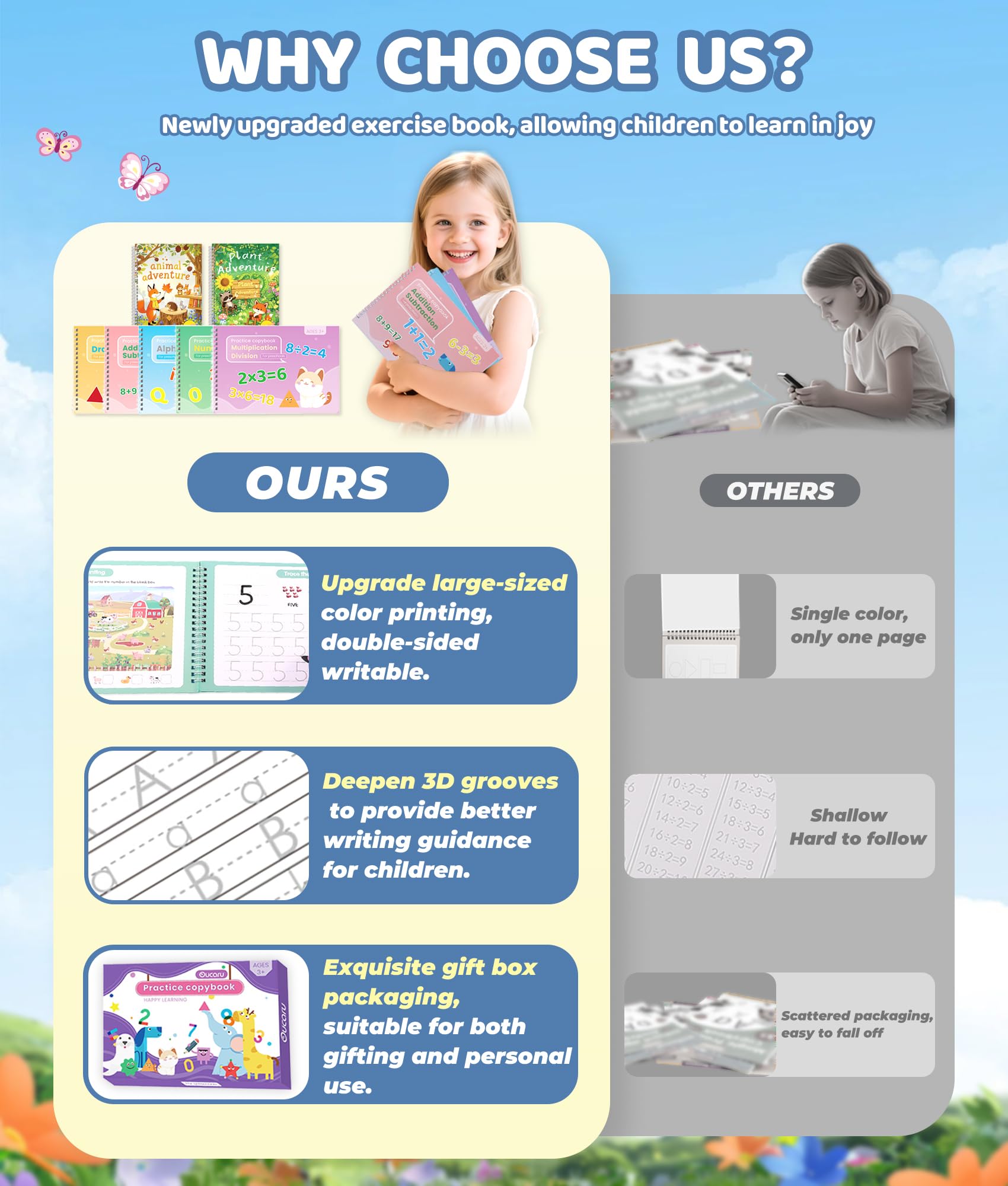 Libros de práctica de escritura con ranuras mágicas para niños, reutilizables con letras y números ranurados, adecuados para edades de 3 a 5 y 6 a 8 años, actividades de aprendizaje para niños