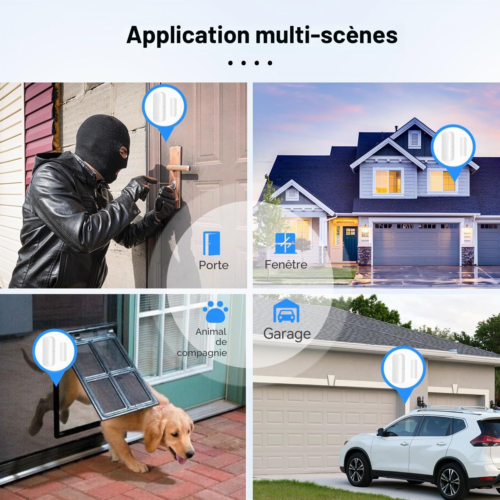 Capteur WiFi intelligent pour portes et fenêtres, alarme de porte et fenêtre, capteur intelligent de contact de porte et de fenêtre pour la sécurité de la maison compatible avec Alexa. 4PCS
