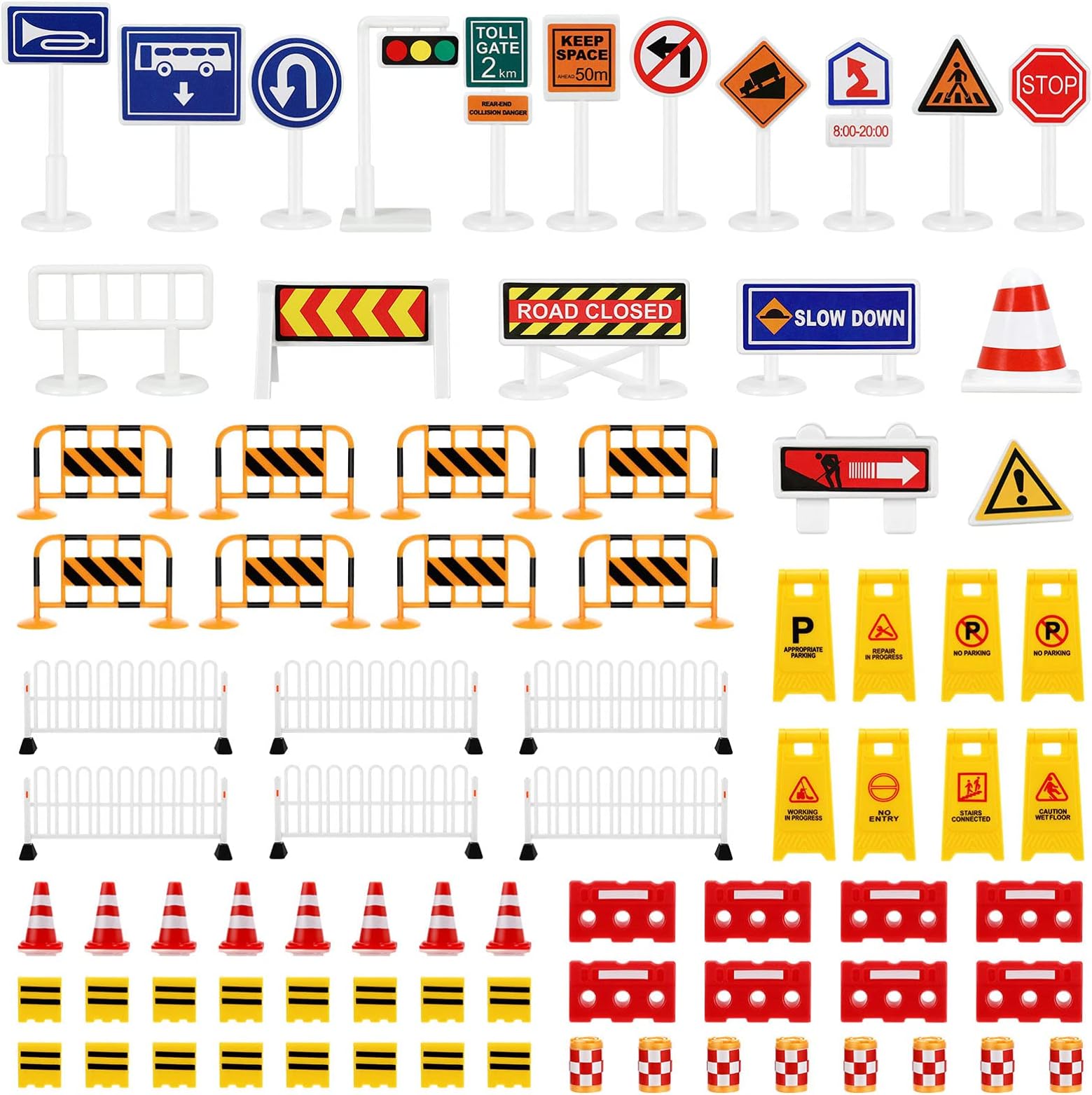 62pcs Kids Road Signs Playset, Mini Traffic Signs Toys - Plastic Miniature Traffic Lights Street Fence Cone Barricade Toy for Toddler Preschool Educational Playset