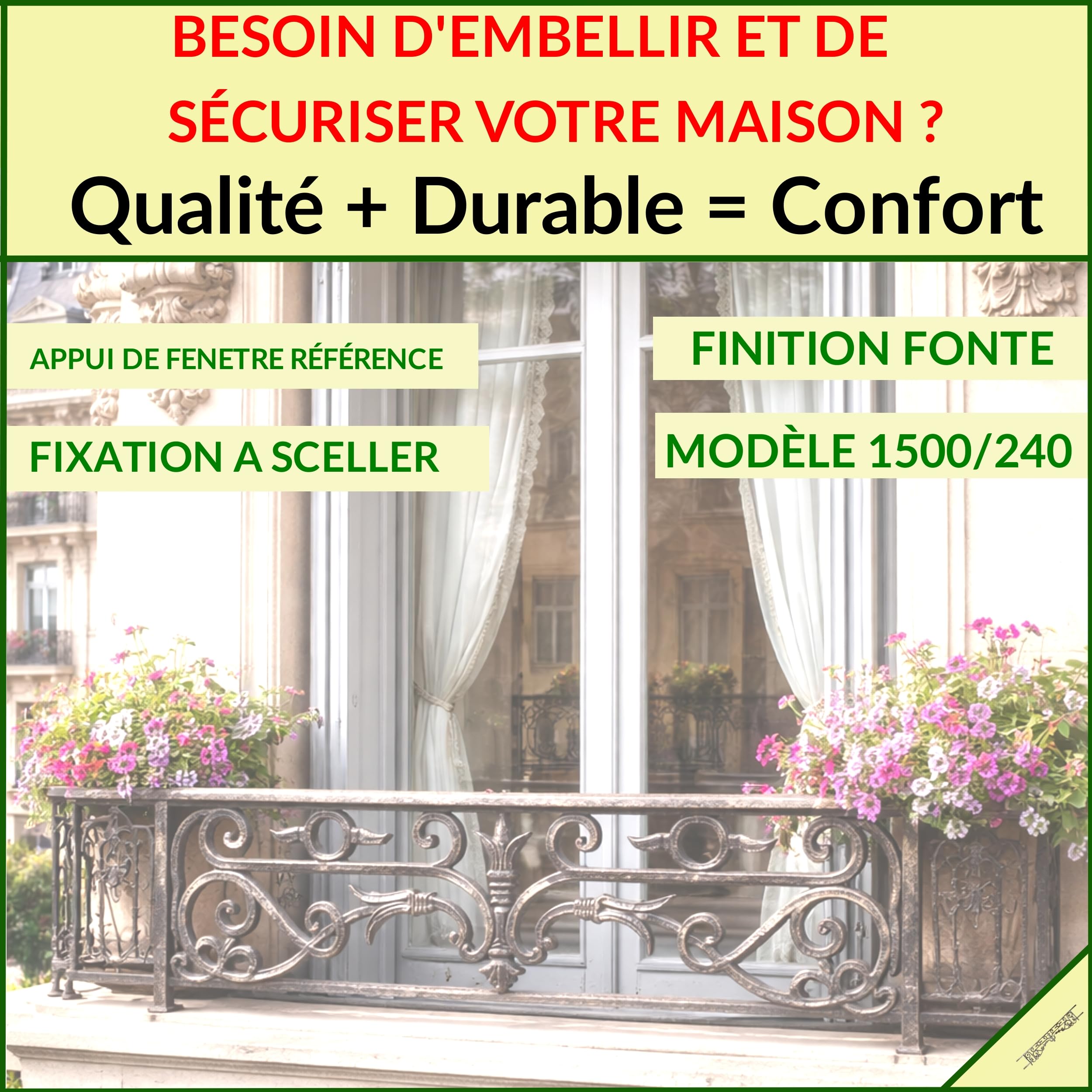 Déco fer Forgé- APPUI DE FENETRE- ADESTOCKFONTE2026- Grille Protection à Sceller 1500 mm x 240 mm-Porte Balcon Fenetres- Garde Corps Carré diam 16 mm- Style Haussmannien Exterieur Utilisation Facile