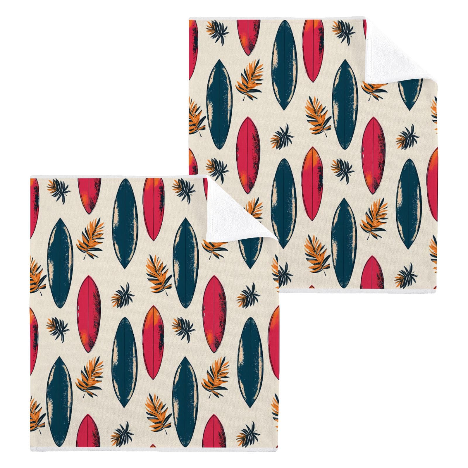 ALAZA Wash Cloth Set 100% Cotton Fingertip Towels Face Cloths Sets Surfboard Palm Leaves Highly Absorbent Soft Feel Set of 2