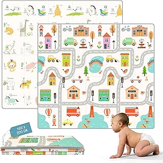 HuBorns - Spielmatte Baby Faltbar 200x180 cm und Wendbar, Krabbelmatte Baby Schadstofffrei mit CE Zertifikat, Play Mat XXL Gepolstert, Spielmatte Rutschfest und Wasserdicht (Stadt XL)