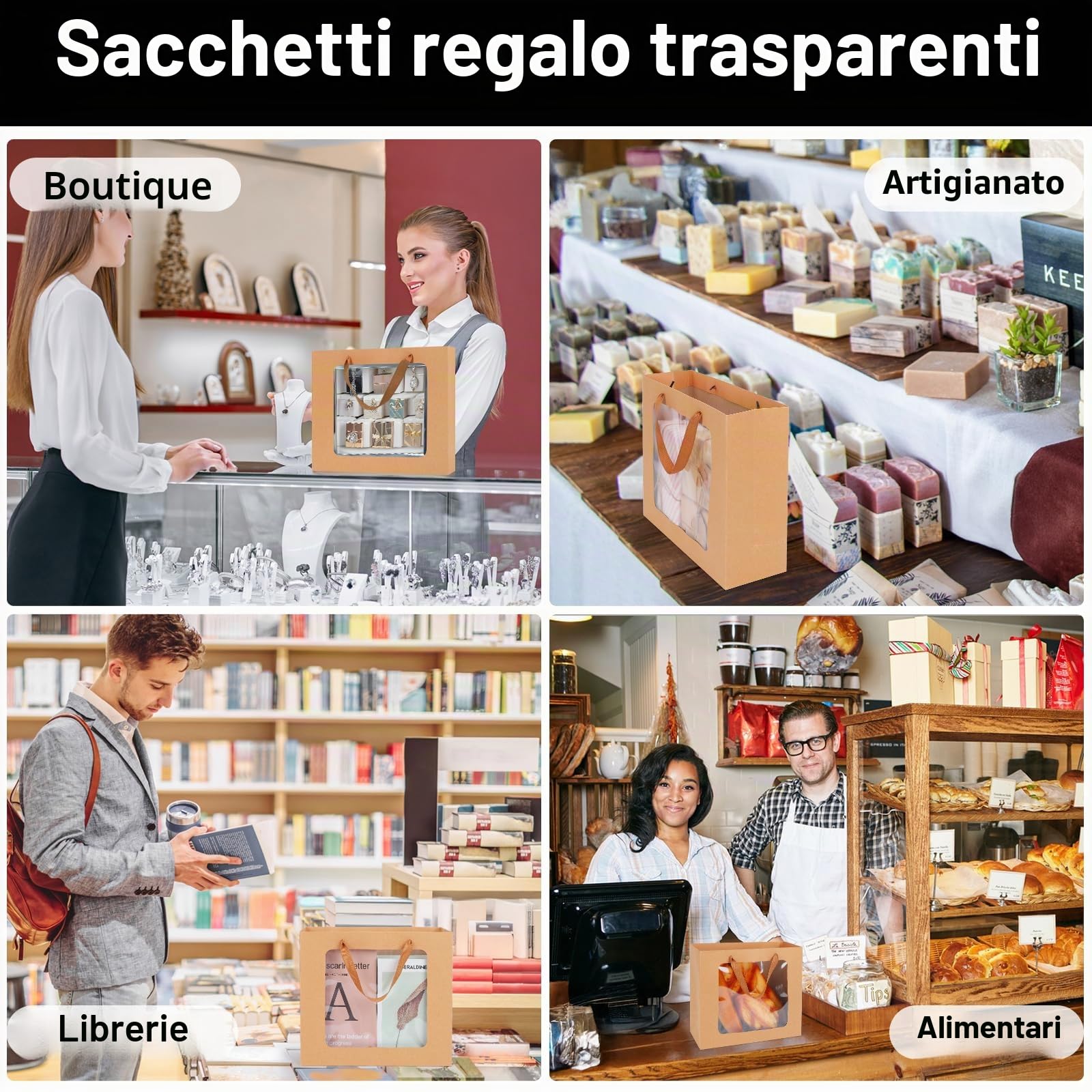 EUSOAR Kraft Buste Carta con Manico - 20 Pezzi 32x11.5x28cm L Sacchetti Regalo Compleanno - 180GSM Buste Regalo con Finestra - Grandi Gift Bags Marrone Shopper Sacchetto Carta