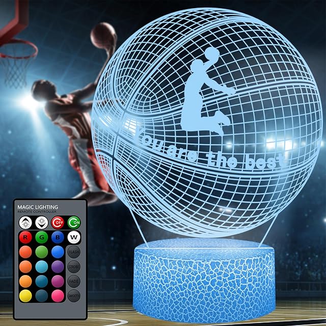 Melofo Basketball 3D Illusion Lamp LED Basketball Night Light 16 Colors USB & Battery Powered Remote Control Gifts for Boys Girls Decorative Desk Lighting Christmas Birthday Gift for Sports Fans
