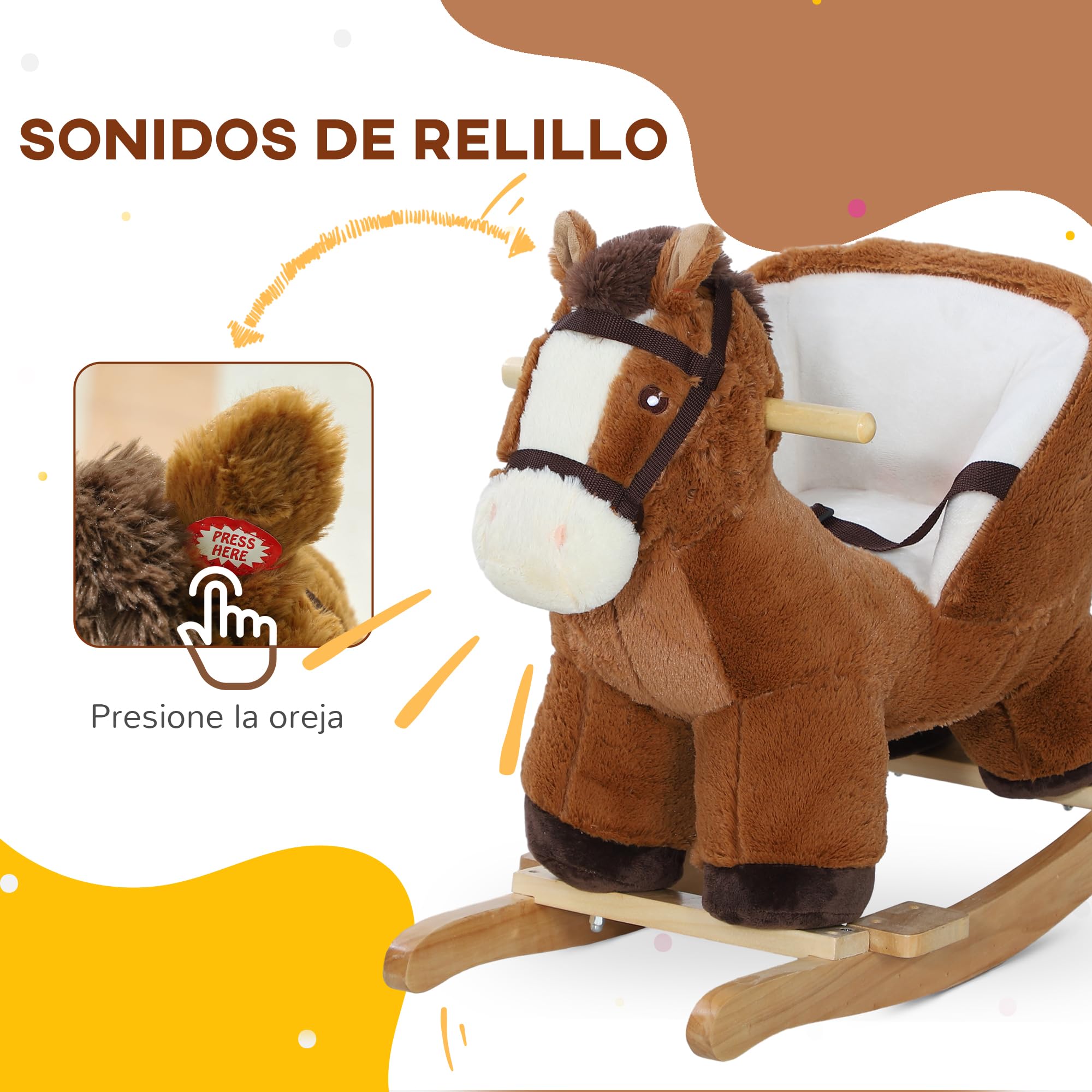 AIYAPLAY Caballo Balancín para Niños de 18-36 Meses Caballo de Juguete con Mangos Sonido Cinturón de Seguridad y Base de Madera de Álamo Carga 25 kg 68x33x45 cm Marrón