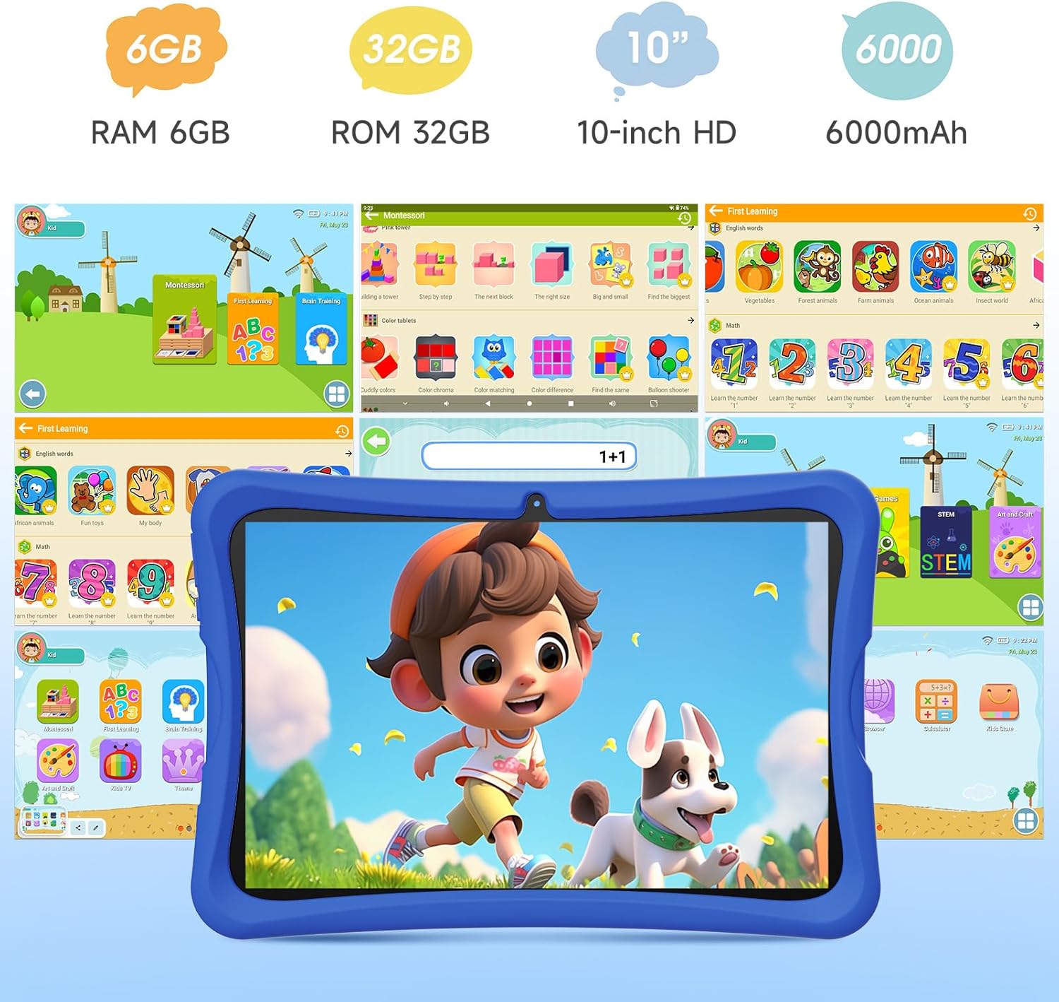 DigiLand 10.1 Inch Kids Tablet, Android 15 Tablet for Kids,6G+32GB up to 128GB,6000mAh Battery,Dual Camera,WiFi,BT 5.0,Best Electronics Tablets Gift for Kids,Shockproof Protective Case (Blue)