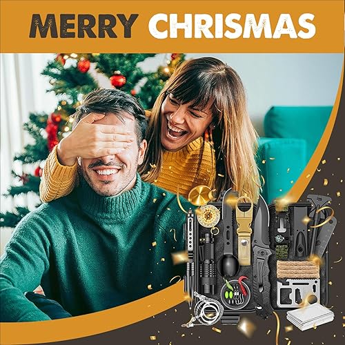Miniatura 7 de Regalos para hombres, él papá, kit de supervivencia y equipo de 25 piezas, rellenos de calcetines de Navidad, artículos esenciales de campamento,