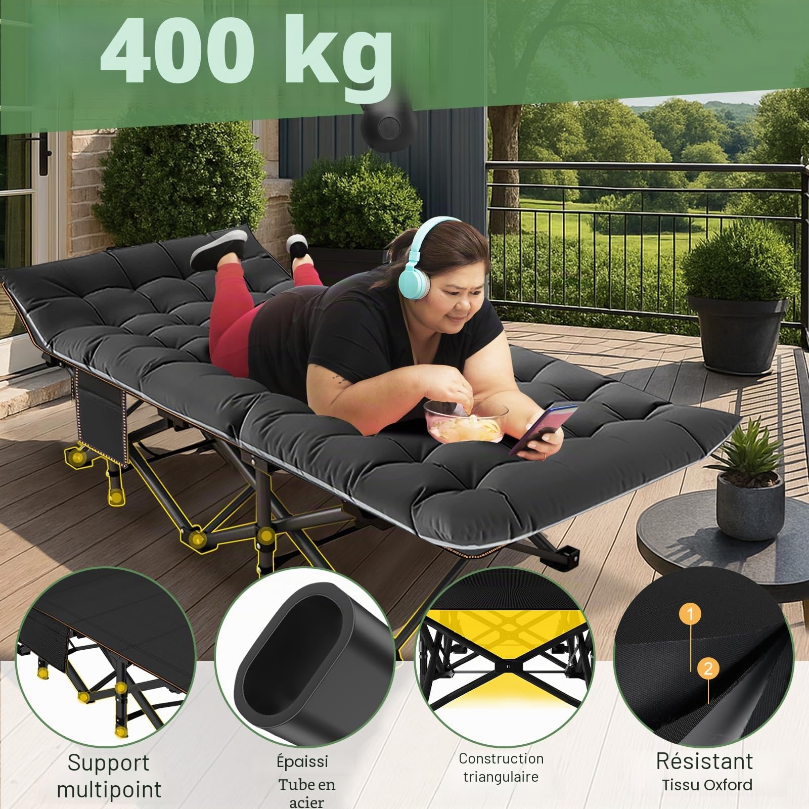 Lit pliant extra-large avec matelas – 46 cm de large, cadre en acier robuste de 400 kg et tissu Oxford, 198x81x46 cm, idéal pour les adultes, le jardin et les voyages (XXL Noir)