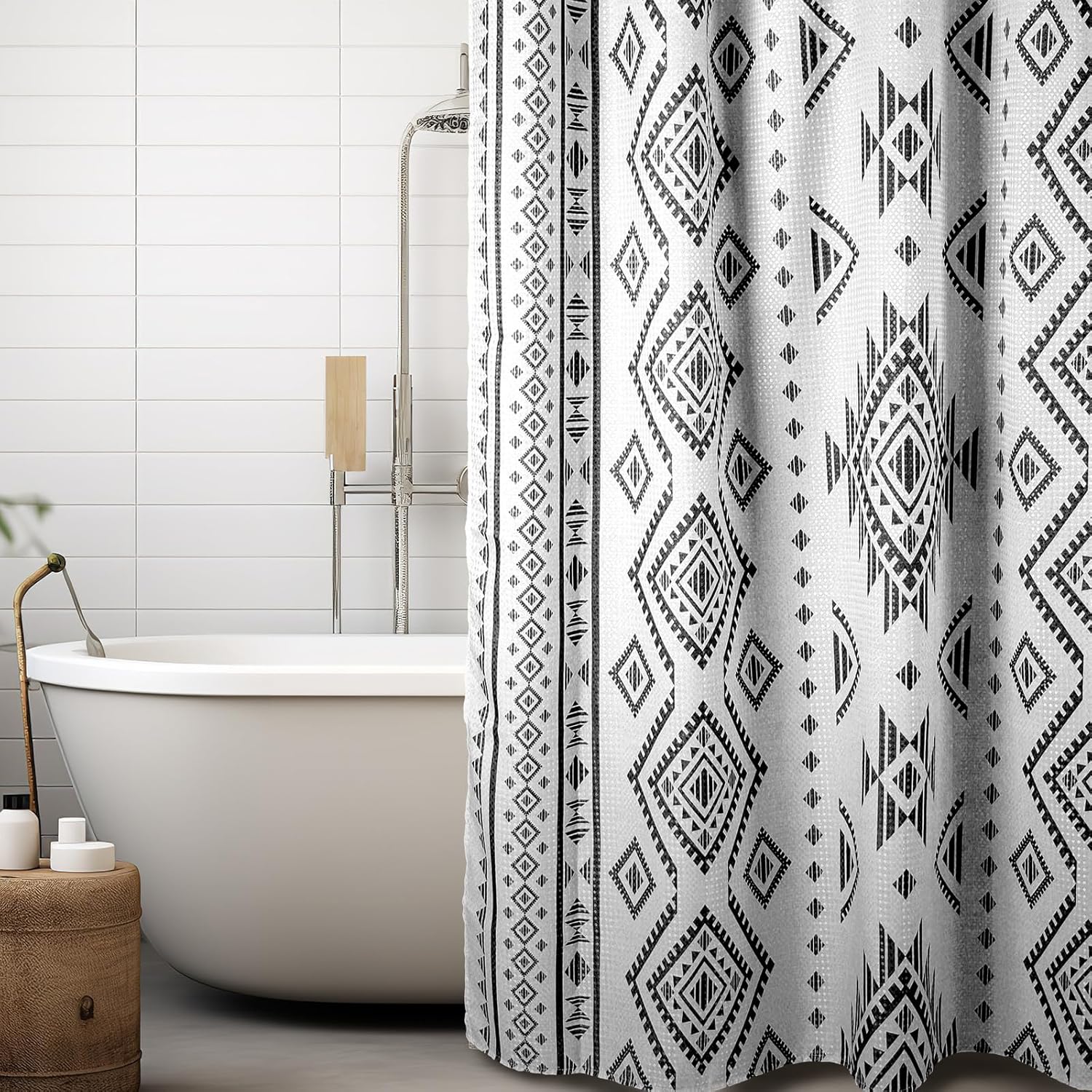 HunnmingRe Western Shower Curtain Waffle Southwest Aztec Geometric Stripes Fabric Shower Curtain Set with Hooks for Bathroom 72 x 72 Inches Boho Bath Curtains (Black)