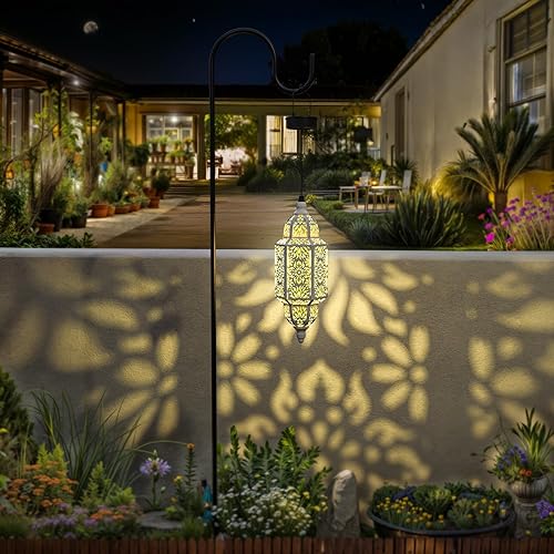 Miniatura 6 de Twinkya Paquete de 2 luces solares colgantes para jardín, farol solar decorativo para exteriores, impermeables, de metal, marroquí, decoraciones al