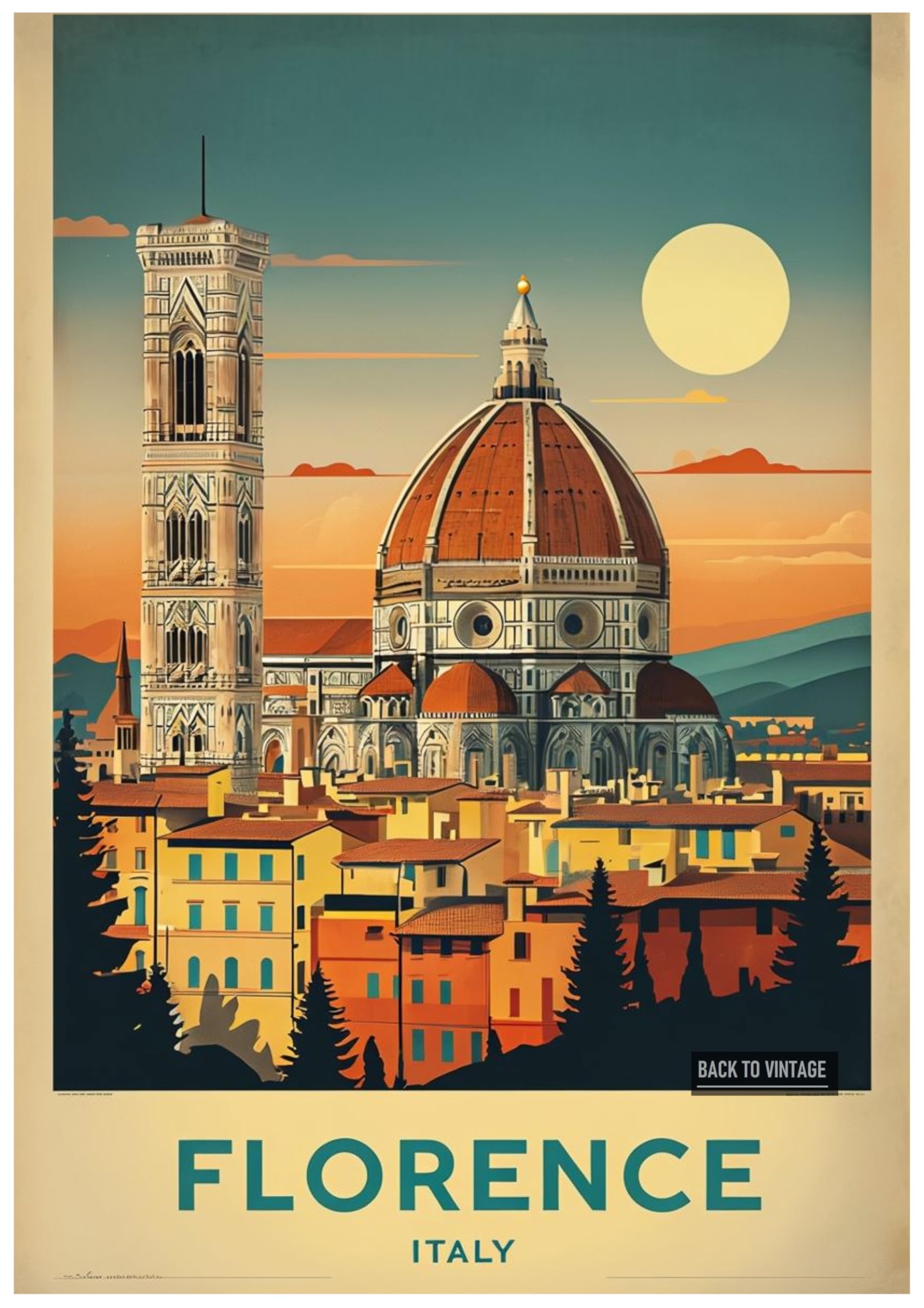 Vintage Travel Poster Featuring Florence City Cathedral And Bell Tower - Retro Europe Travel Poster A4 Size Vintage Wall Art Print of Famous European Destinations Ideal for Home or Office Decor